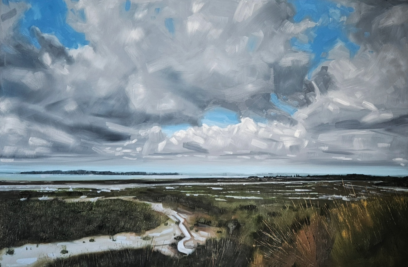Across to Osea — oil on canvas, wide estuary view with dramatic clouds over marshland