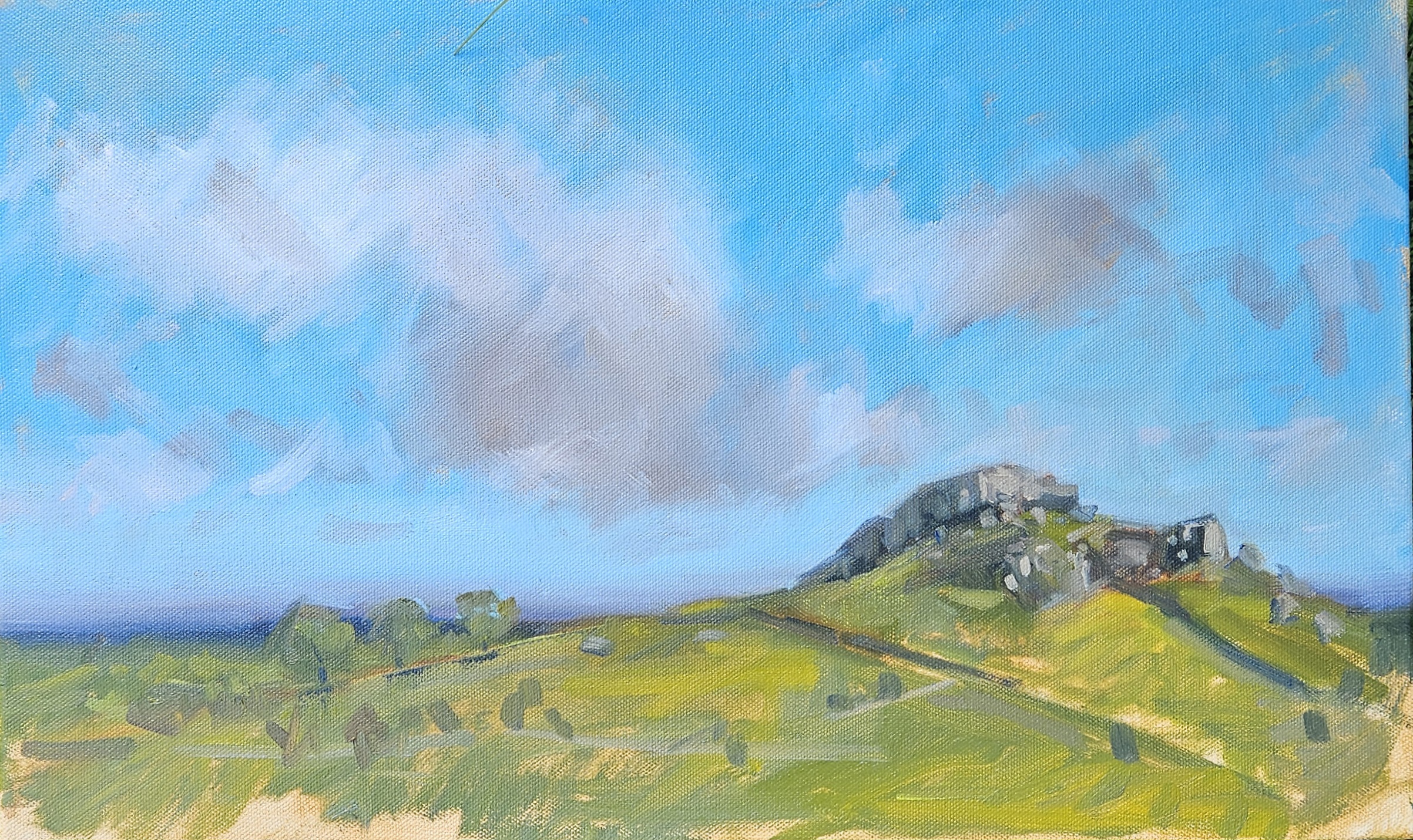Almscliffe Crag, Yorkshire — oil on canvas, rocky outcrop on a green hillside under a big blue sky with clouds