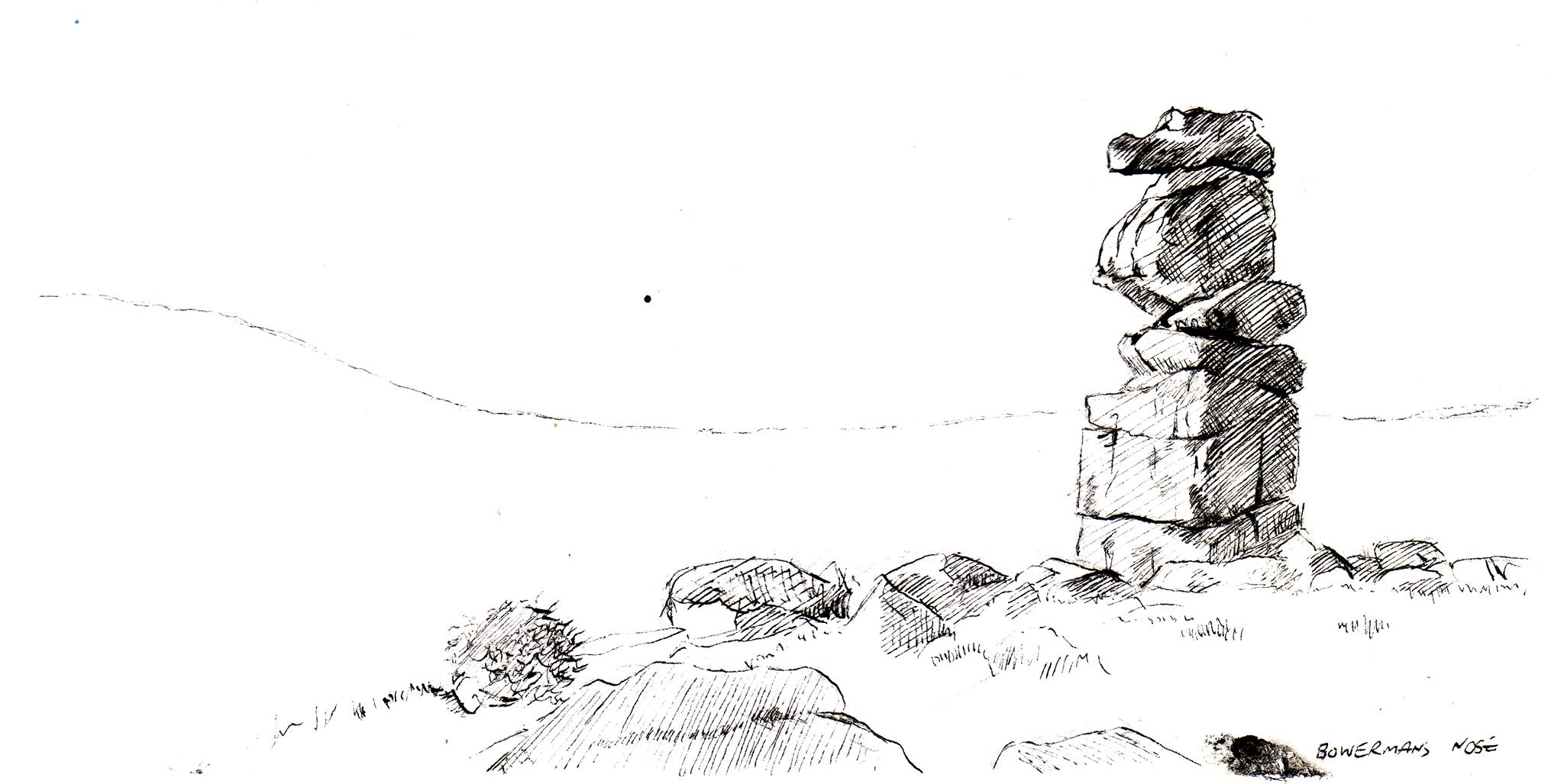Bowerman's Nose, Dartmoor — pen and ink drawing of the tall stacked granite rock formation