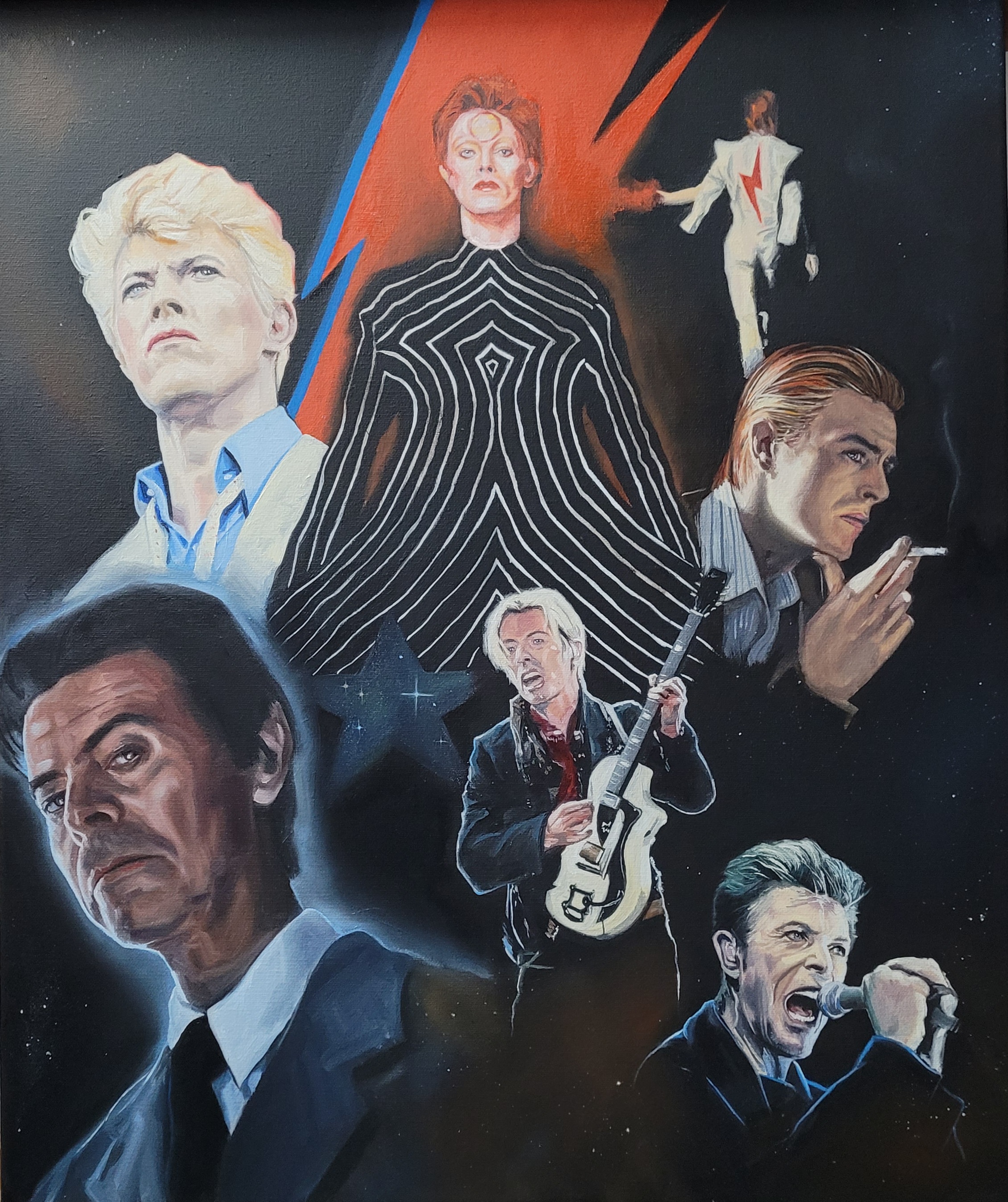 David Bowie - Through the Years — oil on canvas, multi-panel composition of David Bowie in various eras and personas