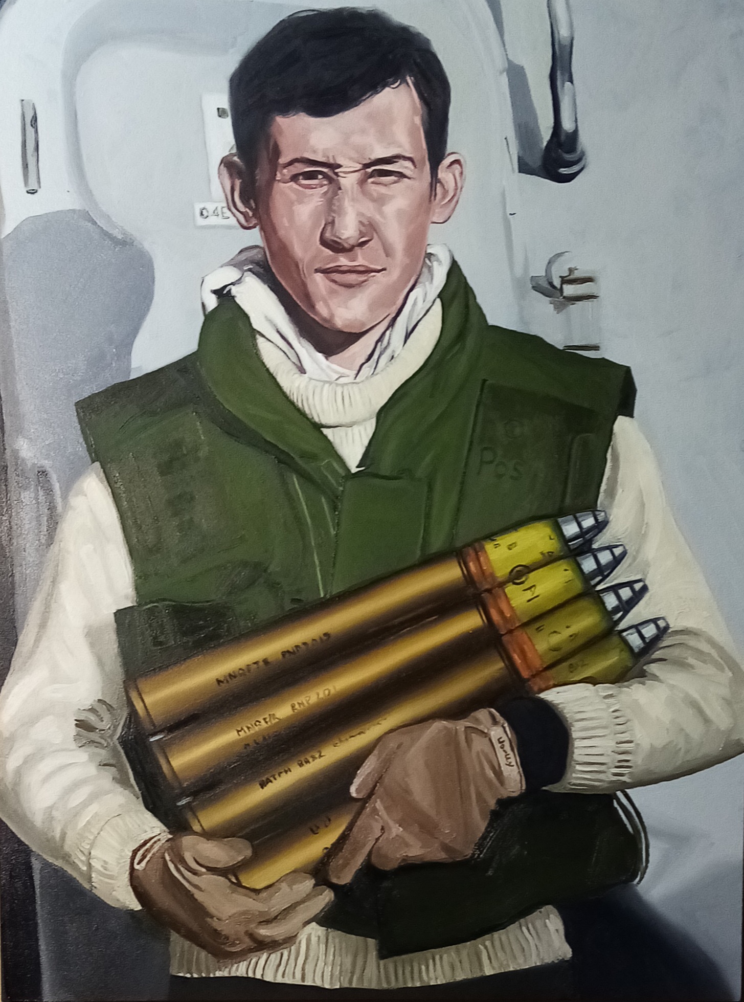 Portrait of the artist's brother-in-law during his time in the Royal Navy in the early 1980s, oil on panel, holding shell casings