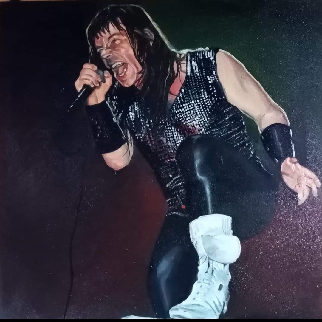 Bruce Dickinson of Iron Maiden — oil on panel, dynamic stage performance shot mid-vocal with microphone