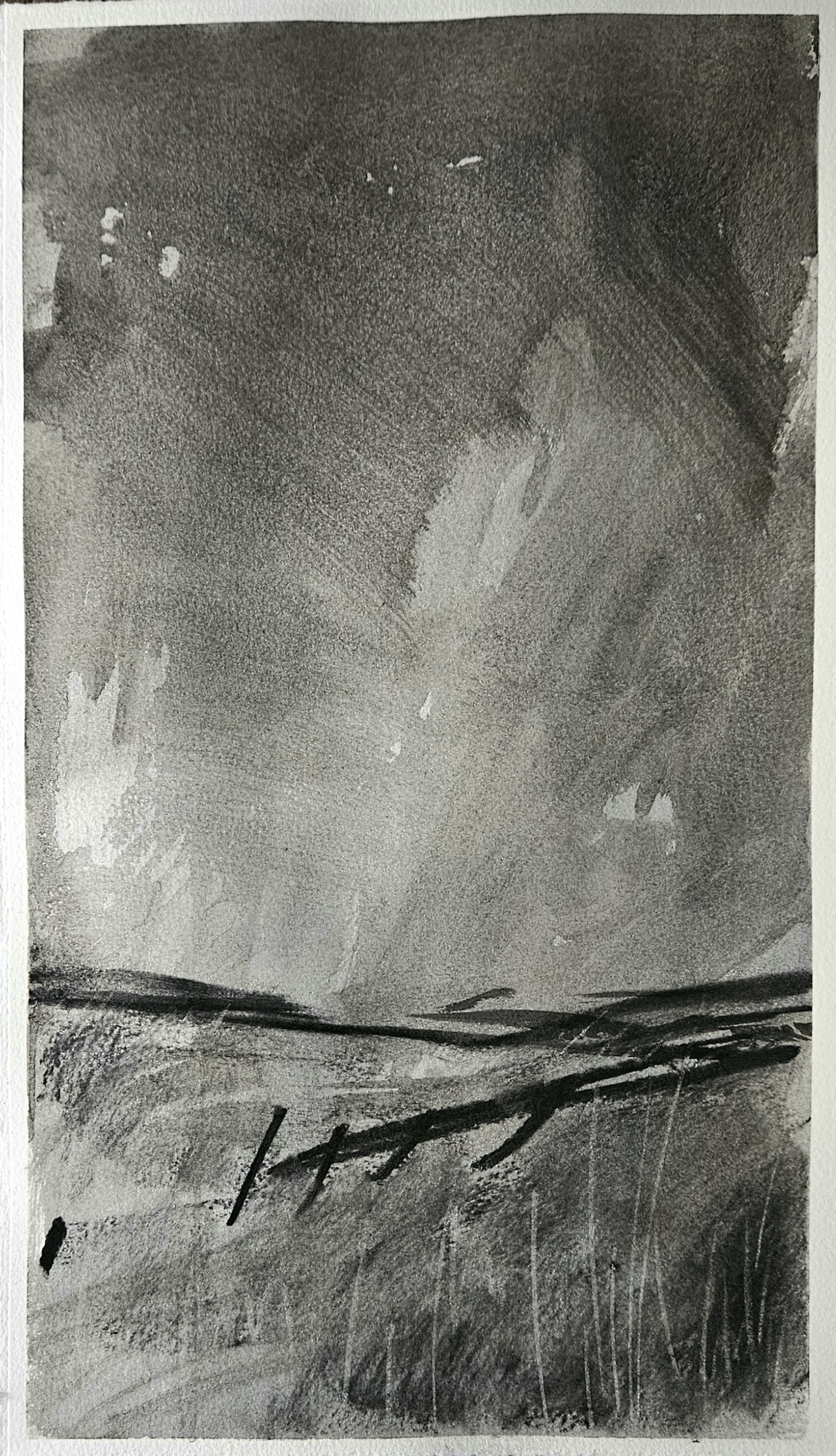 Charcoal landscape study — dark stormy sky over a low horizon with scattered marks in the foreground