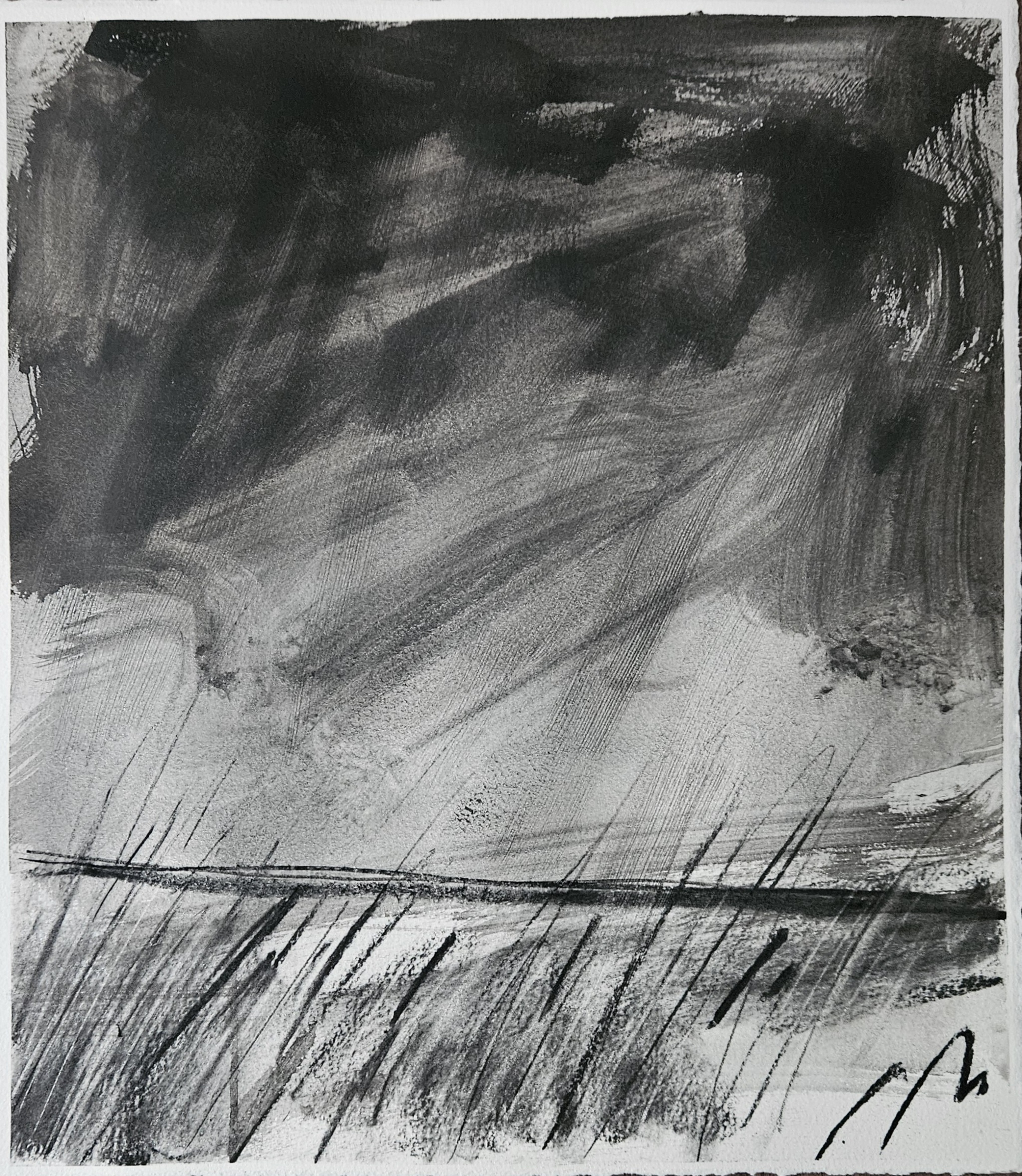 Charcoal landscape study — heavy dark sky with diagonal rain-like marks over a low horizon