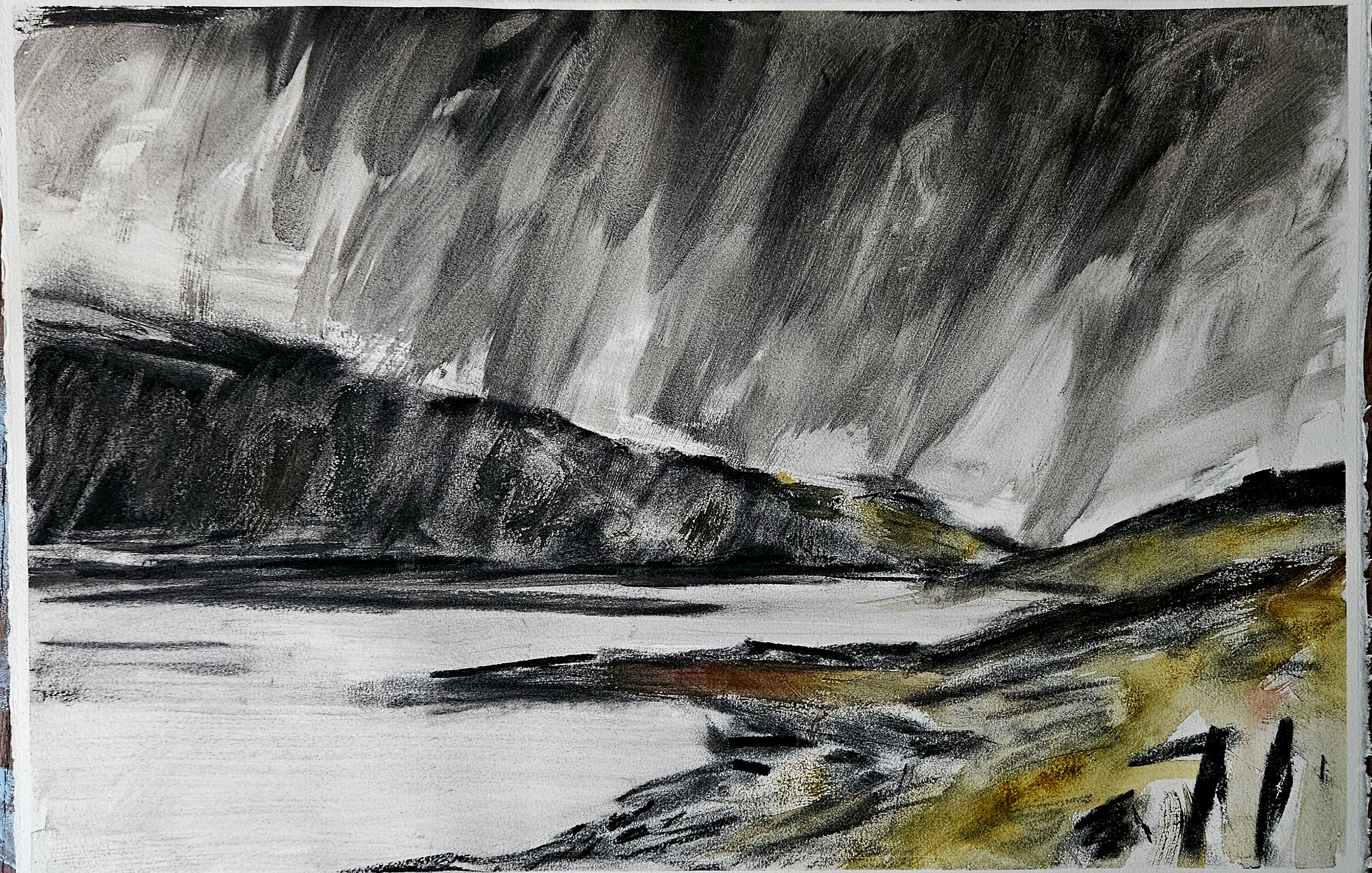 Charcoal landscape study — dark rain clouds over cliffs and calm water with touches of ochre