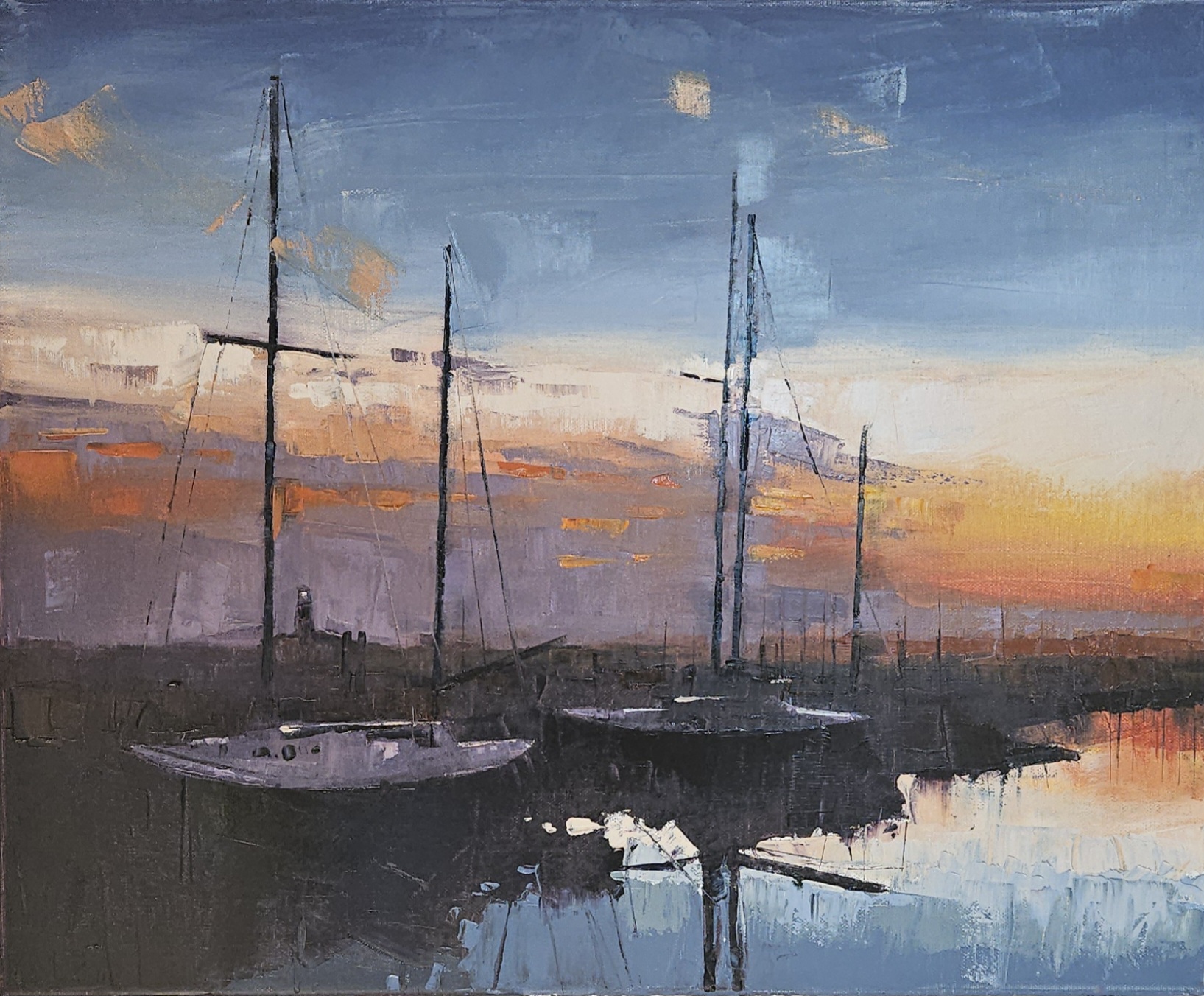 Cold Creek — oil on canvas, sailing boats moored at sunset with masts silhouetted against a glowing orange and blue sky