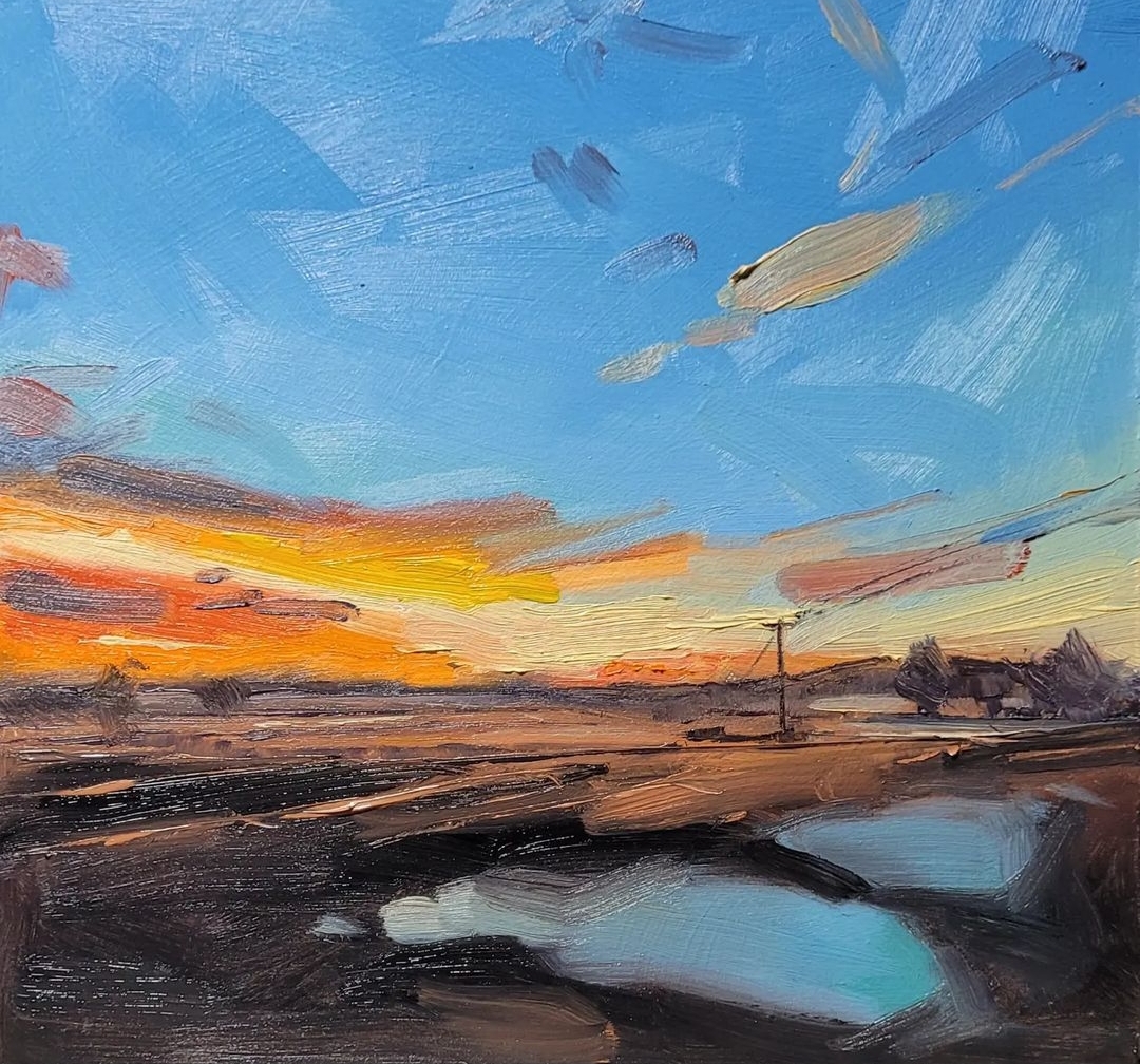 Cold Morning — oil on panel, sunrise over frosty marshland with icy blue puddles and a warm orange horizon
