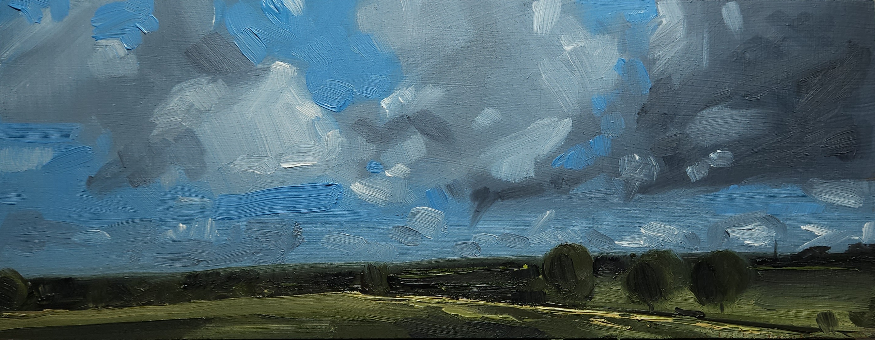Danbury to Maldon — oil on panel, wide panoramic view of a big cloudy sky over a treelined Essex countryside horizon