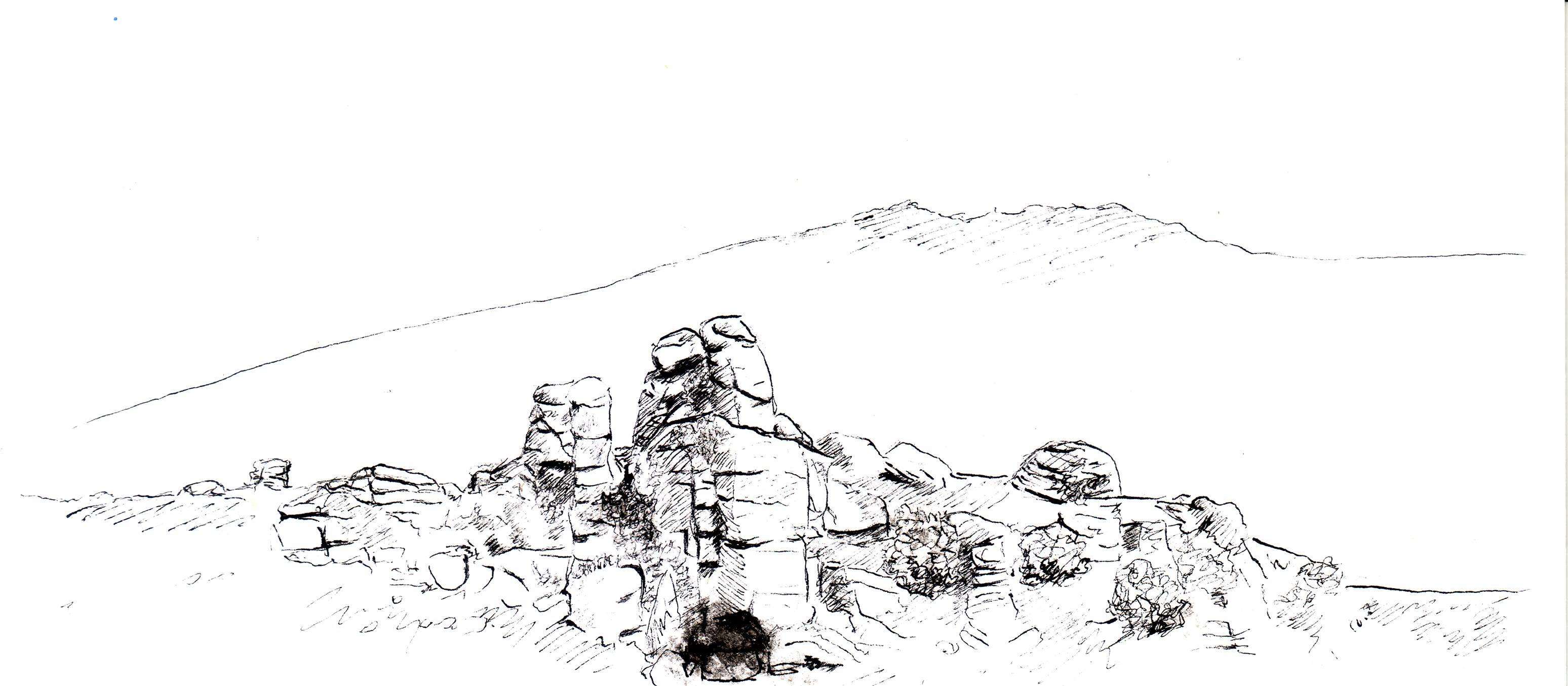 Dartmoor tor — pen and ink drawing of a granite rock outcrop against a hillside