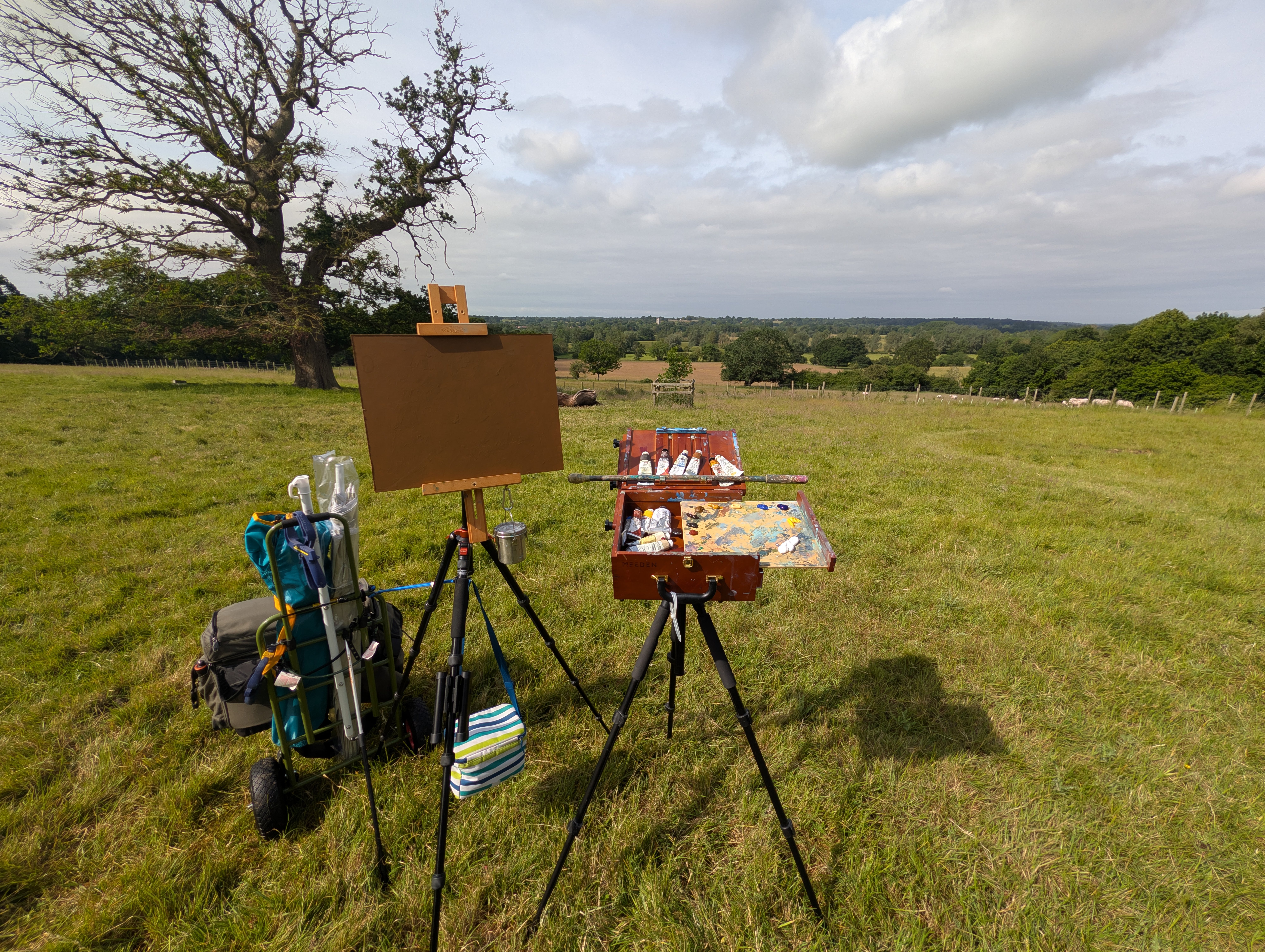 Easel and paint box set up in an open field at Old Hall, East Bergholt, ready to begin a plein air painting