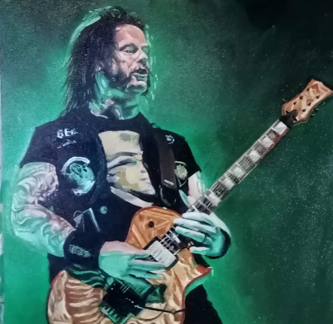 Gary Holt of Exodus — oil on panel, guitarist performing on stage under green stage lighting
