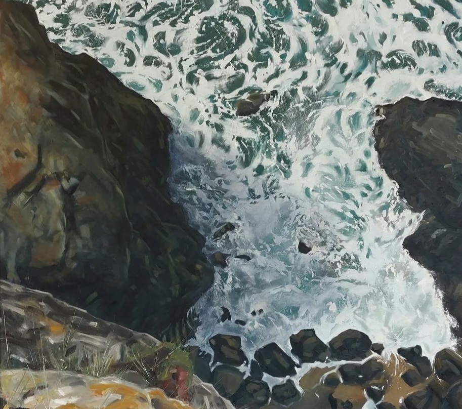 Hell's Mouth, Cornwall — large oil on panel, close-up view of waves crashing against dark cliffs and rocks
