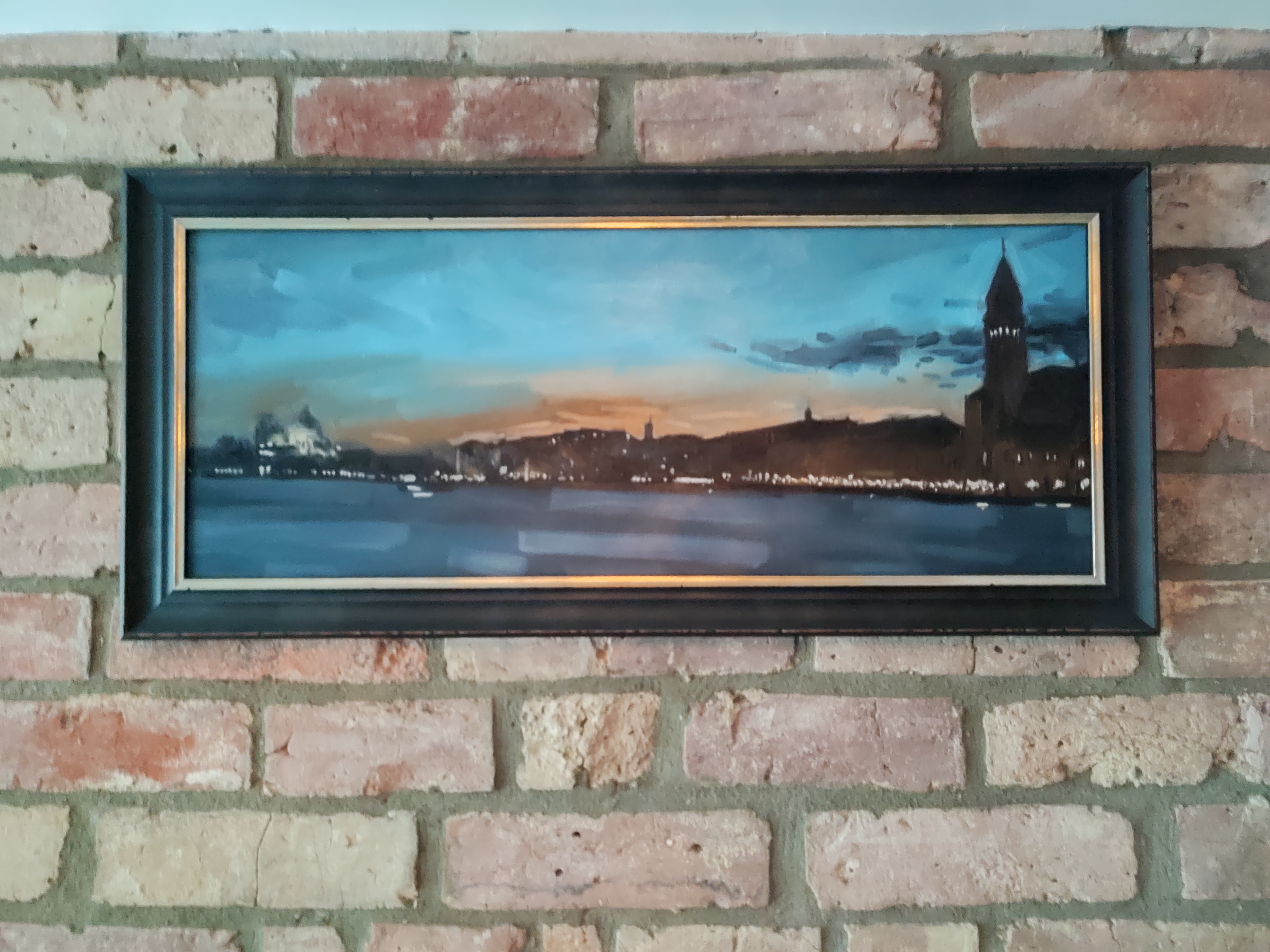 Holiday in Venice — oil on canvas, panoramic dusk skyline over the water with silhouetted towers and city lights