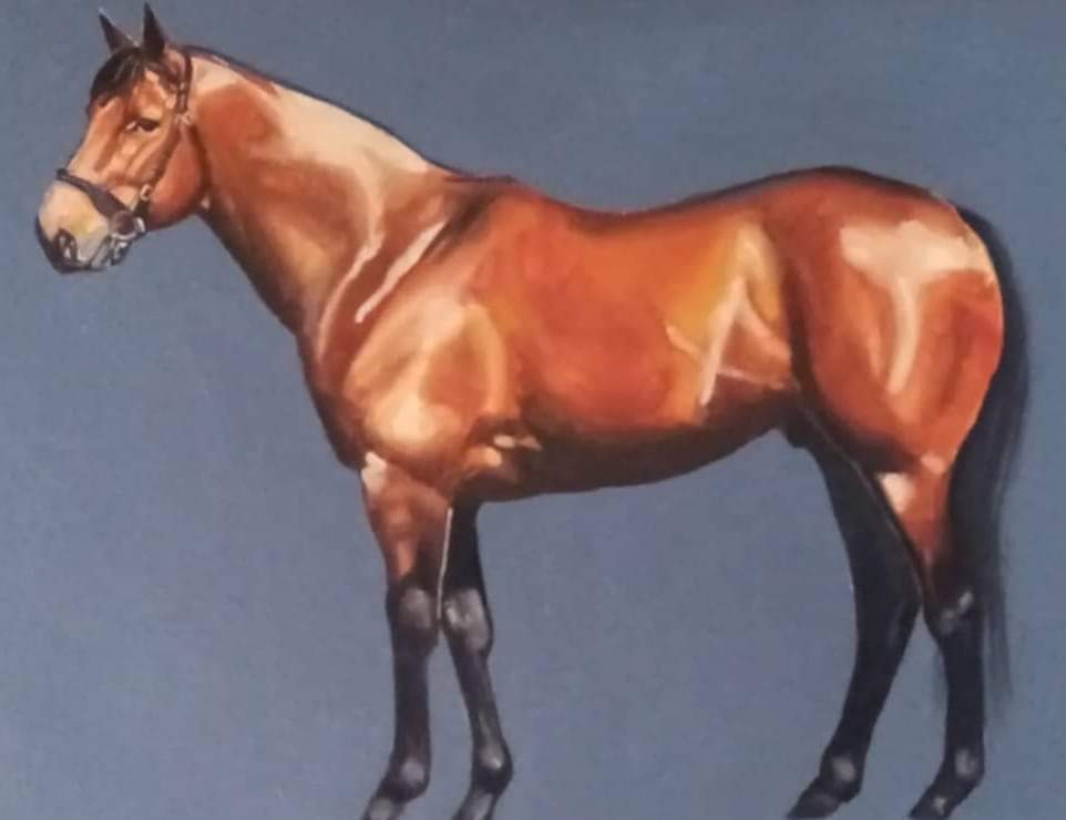 Bay horse portrait — oil on panel, full side profile of a bay horse standing against a blue-grey background