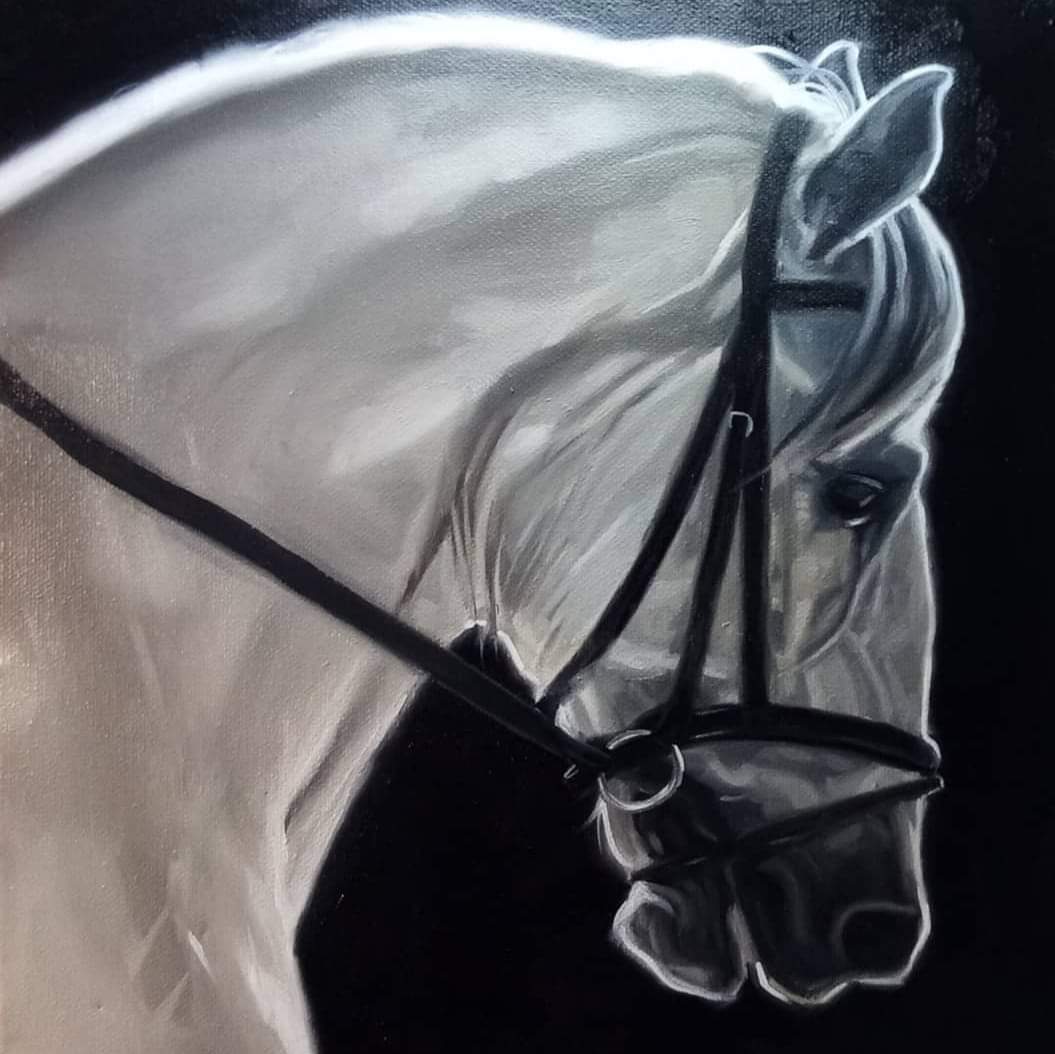 White horse portrait — oil on panel, close-up of a grey/white horse's head and neck in bridle against a dark background