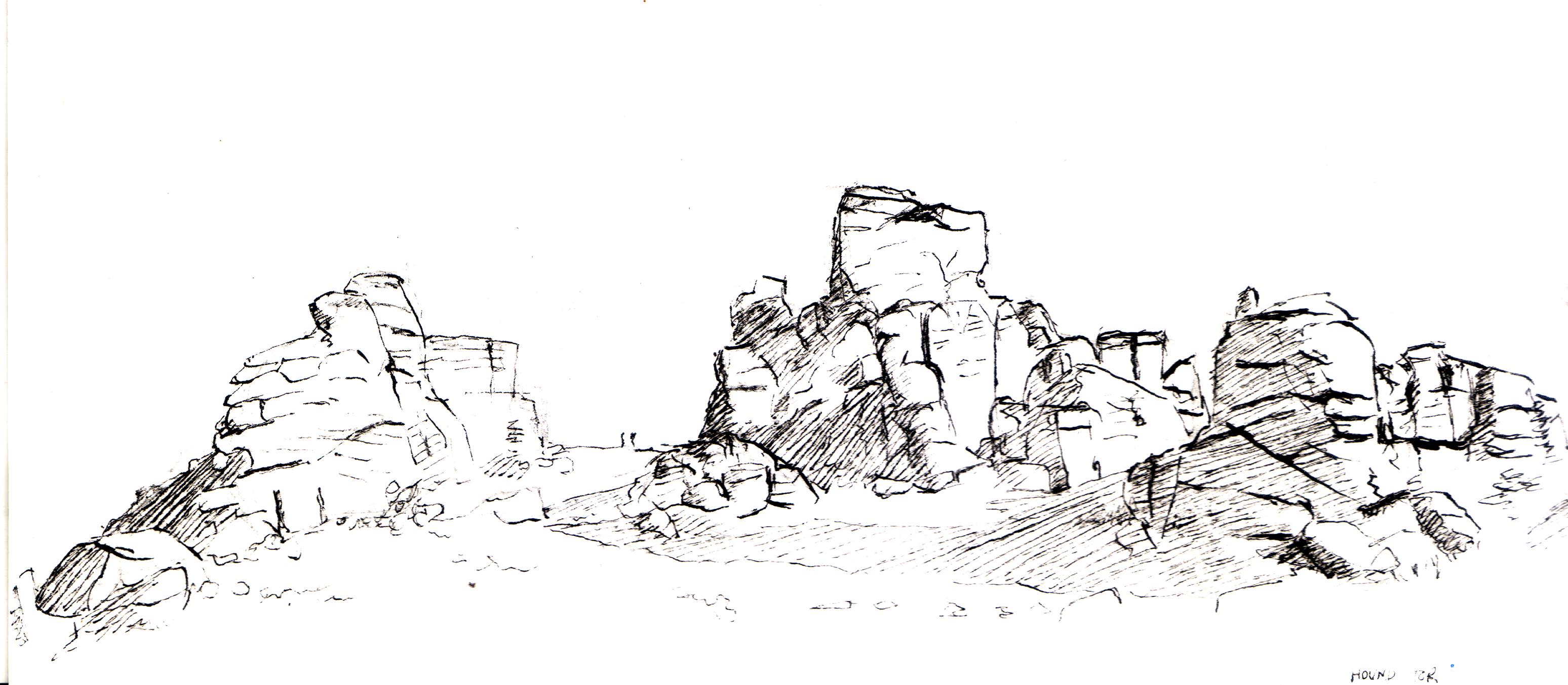 Hound Tor, Dartmoor — pen and ink drawing of granite rock formations