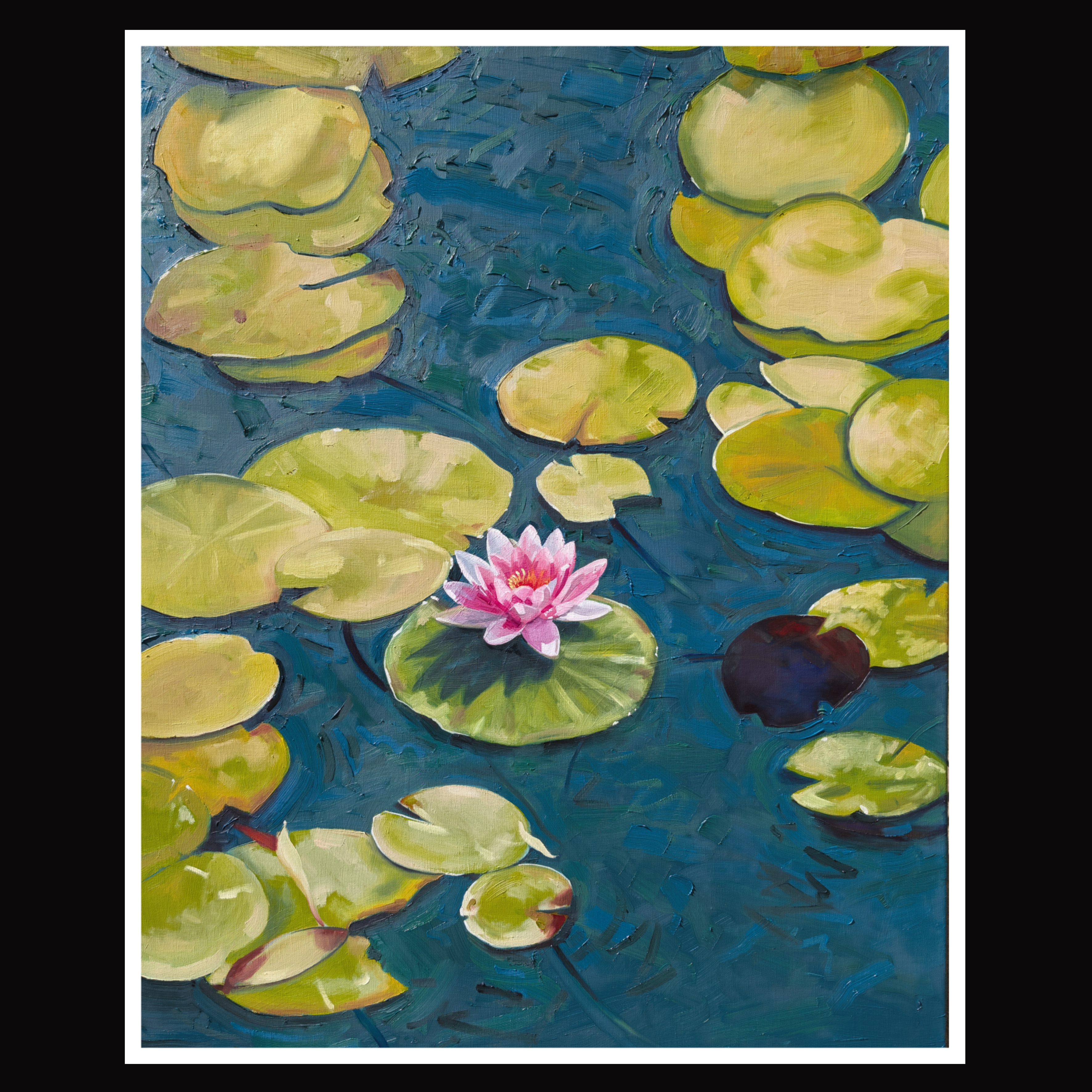 Lilies with One Flower — oil on canvas, water lily pads on a blue pond with a single pink lily flower in bloom
