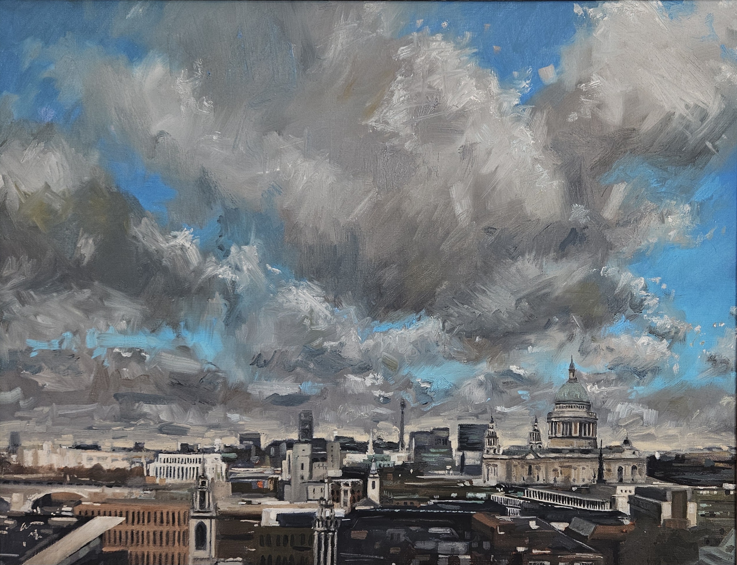 London Skyline — oil on canvas, dramatic clouds over St Paul's Cathedral and the City skyline