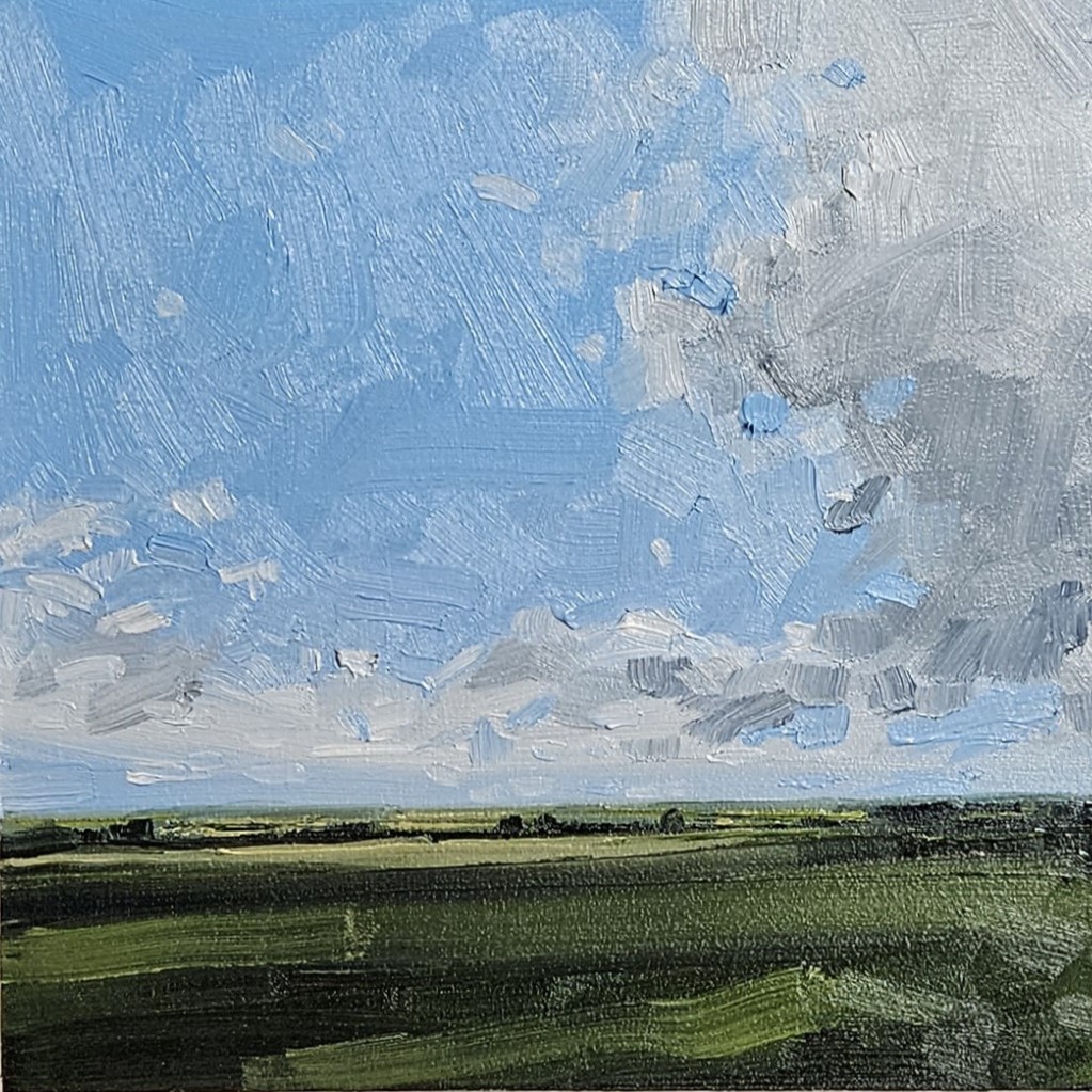 Looking Northwards — oil on panel, tall sky with building clouds over flat green farmland horizon
