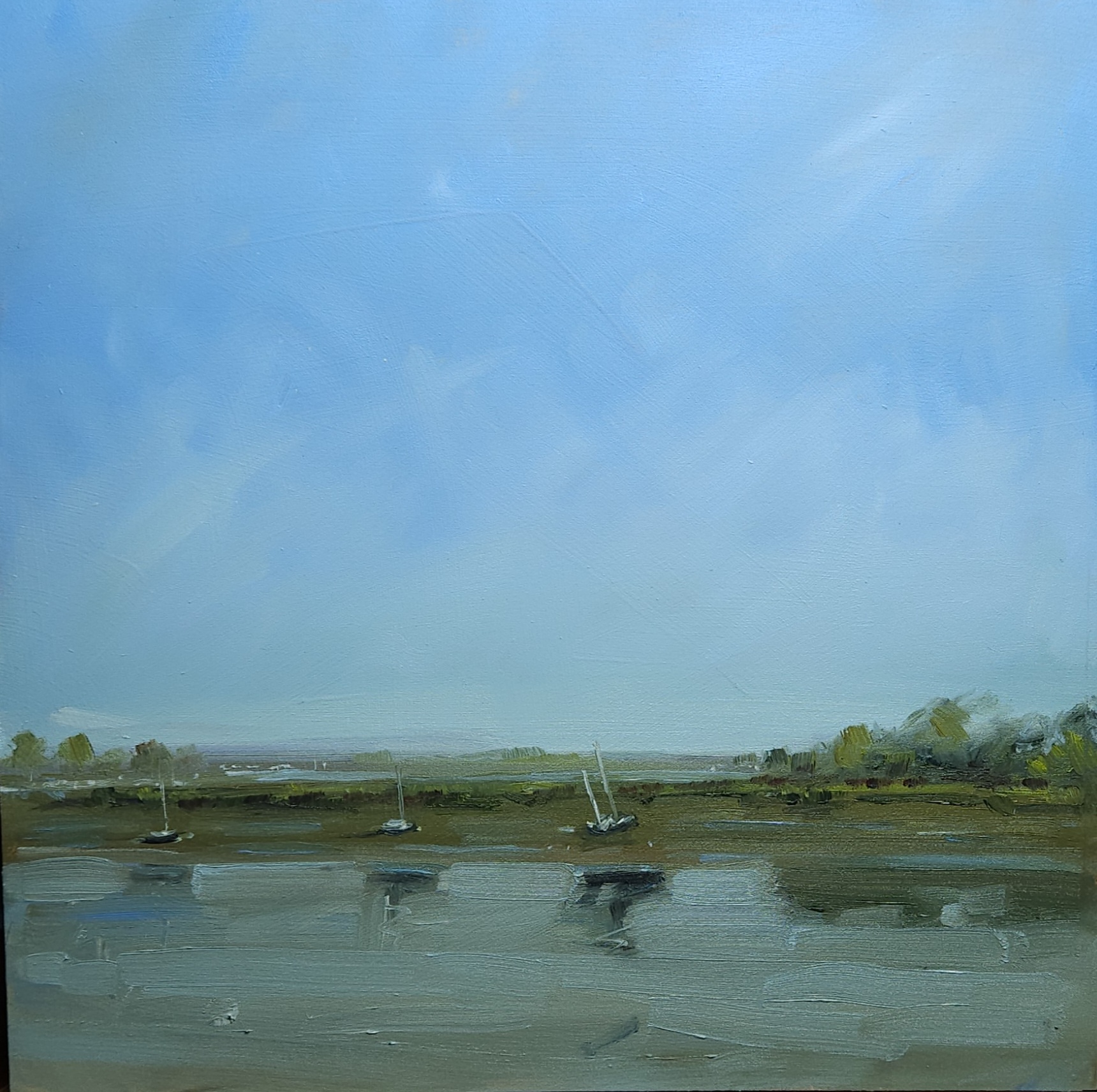 Finished plein air painting of moored boats on a calm river at low tide under a pale blue sky