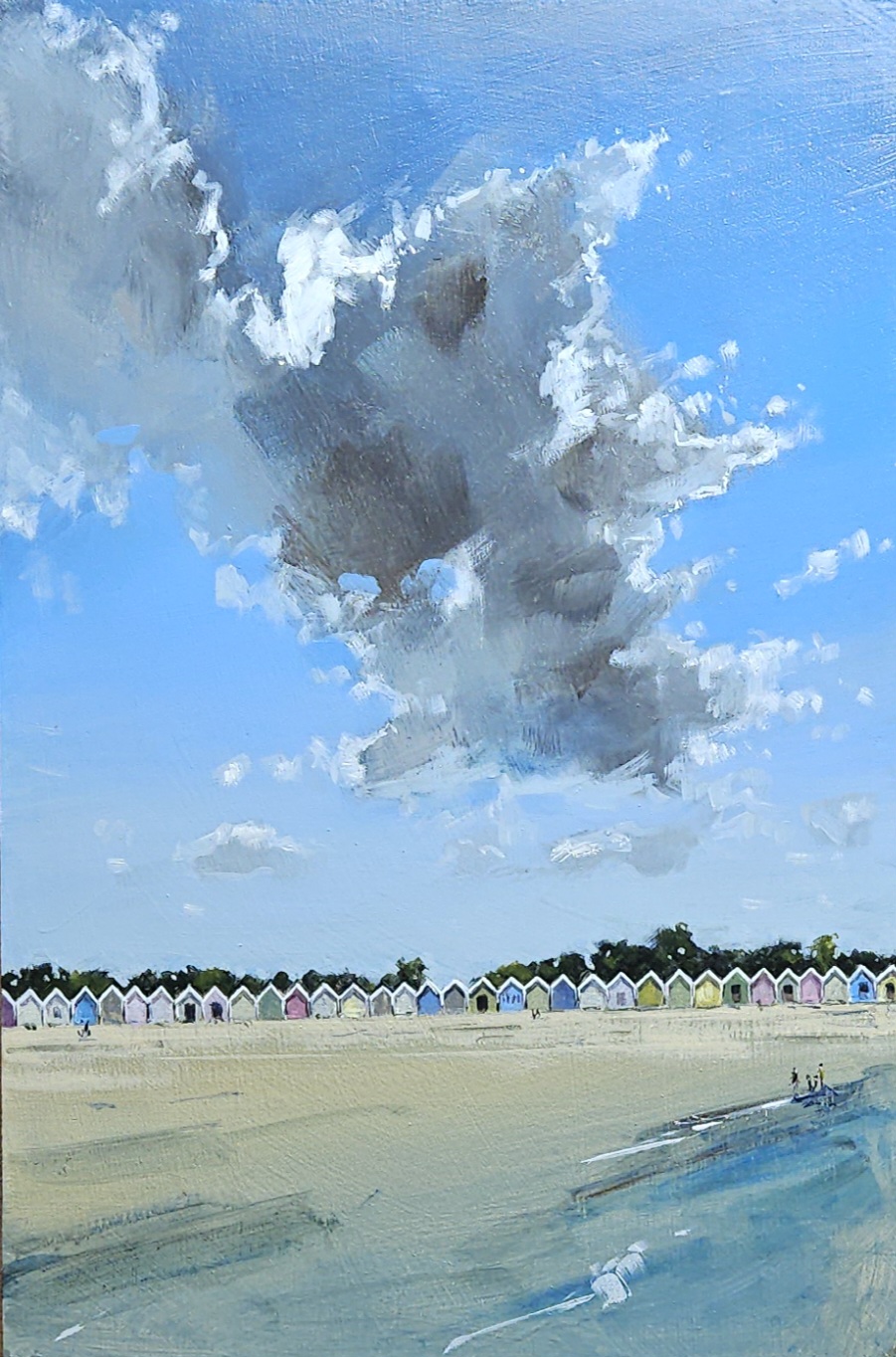 Mersea beach huts — oil on panel, colourful row of beach huts along the shore under a large dramatic cloud