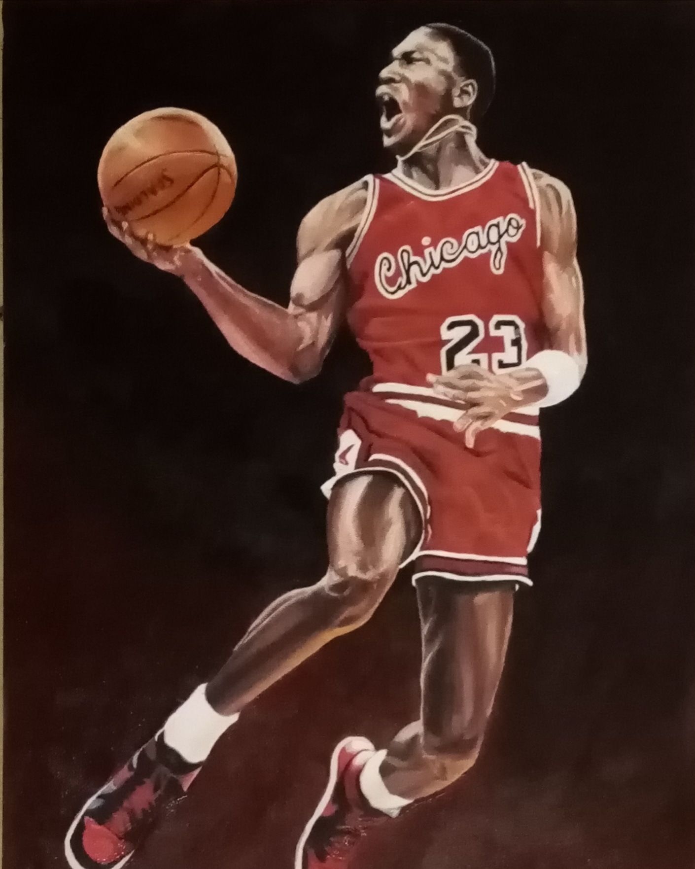 Michael Jordan — oil on panel, dynamic action portrait in Chicago Bulls jersey holding a basketball