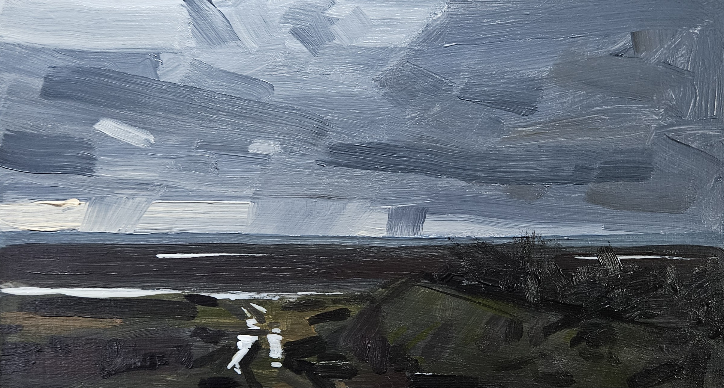 Moody Bugger — acrylic on board, small study of grey stormy sky over dark marshland