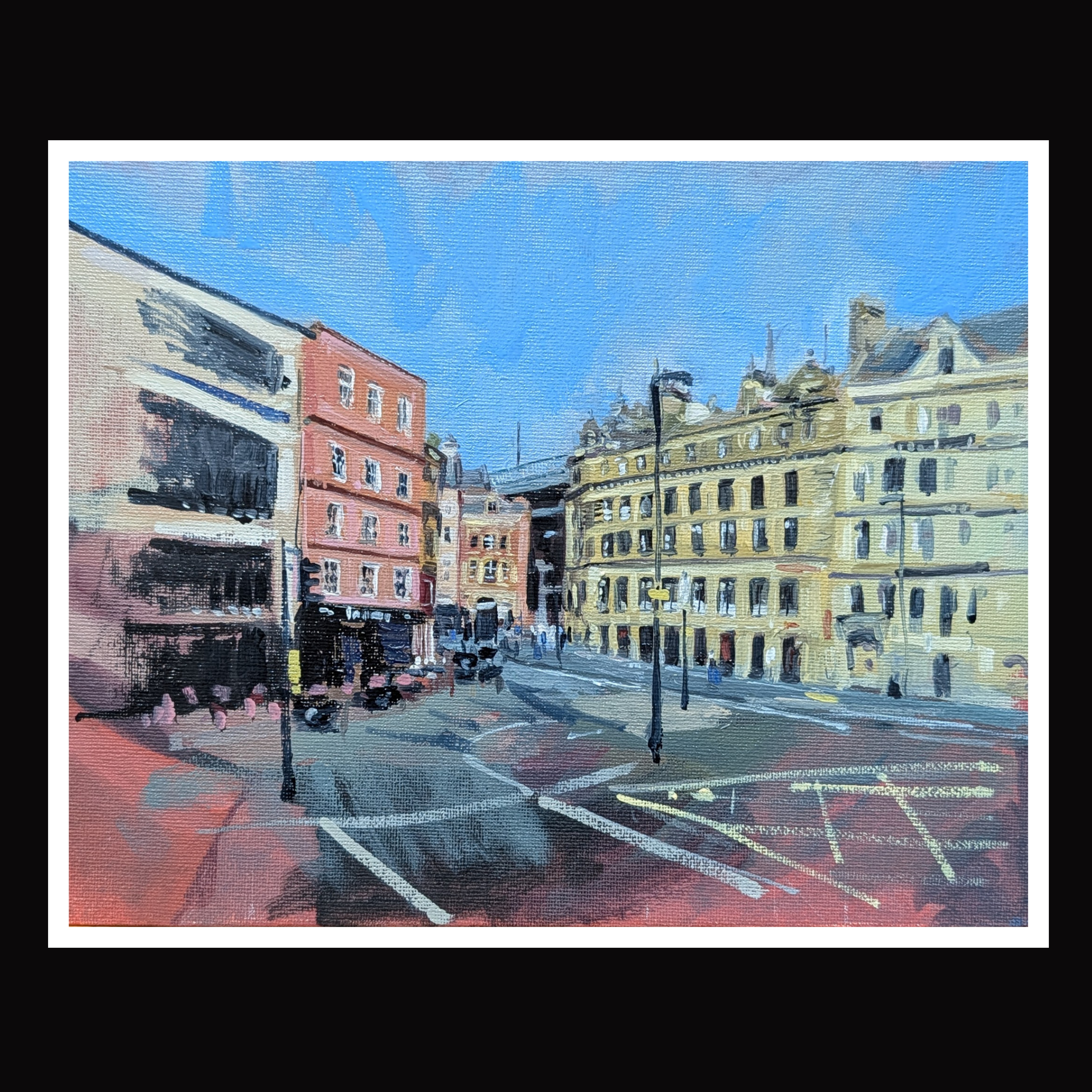 Newcastle — oil on panel, city street scene with colourful buildings and a wet road under blue sky