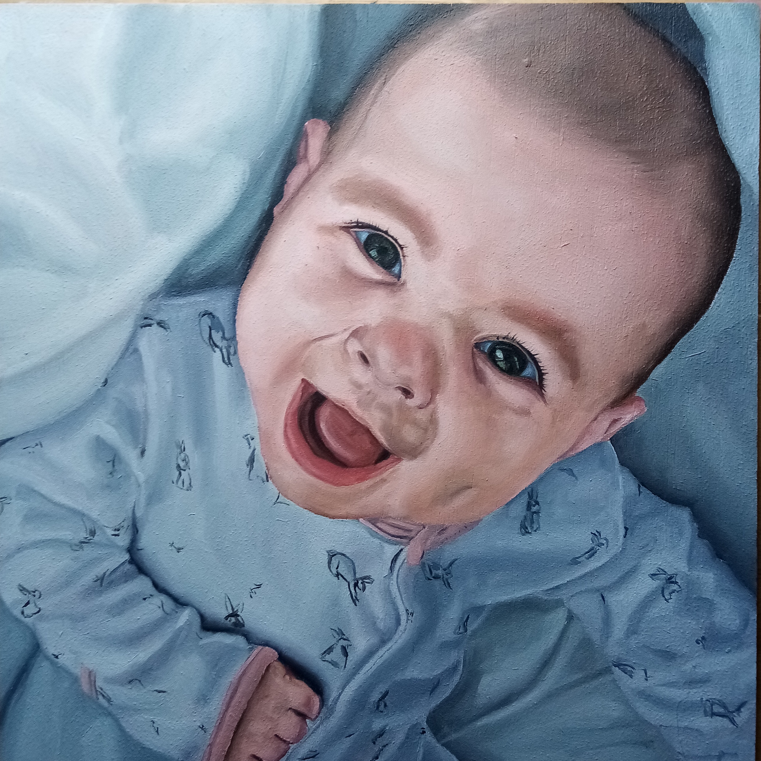 Portrait of the artist's great-niece as a newborn, oil on panel, close-up laughing expression