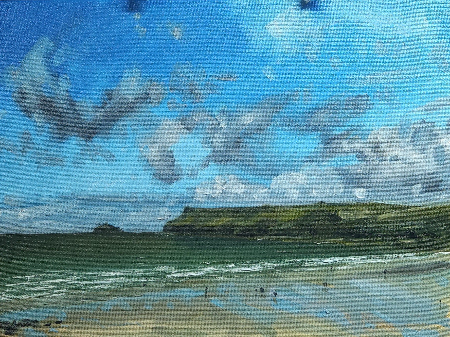 Polzeath Beach, Cornwall — oil on canvas, wide sandy beach with figures, gentle waves, and a green headland under a big blue sky