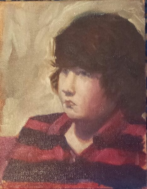 Portrait of the artist's son — oil, head and shoulders study in a striped jumper