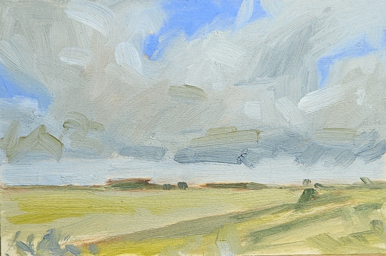 Cloud Study — small oil study of a large grey cloud over a flat green field