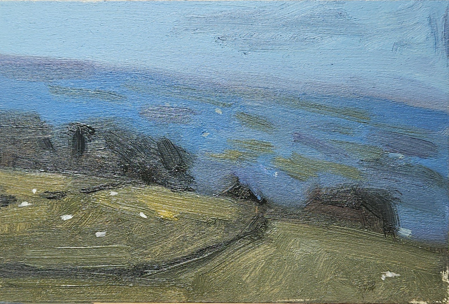 Coastal View — small oil study of a green headland overlooking calm blue water