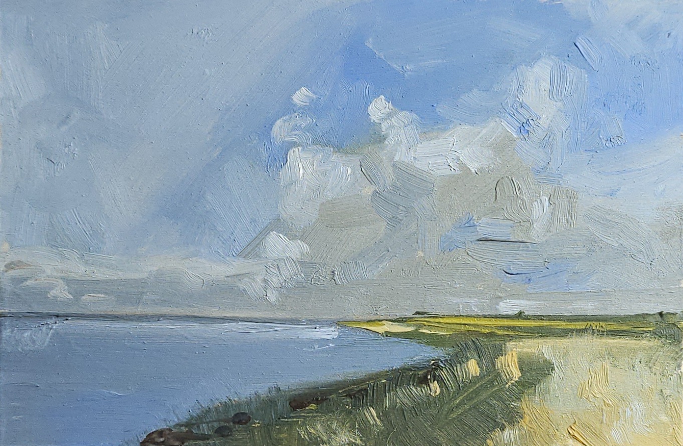 Estuary Shoreline — small oil study of a cloud bank over a calm estuary and grassy shore