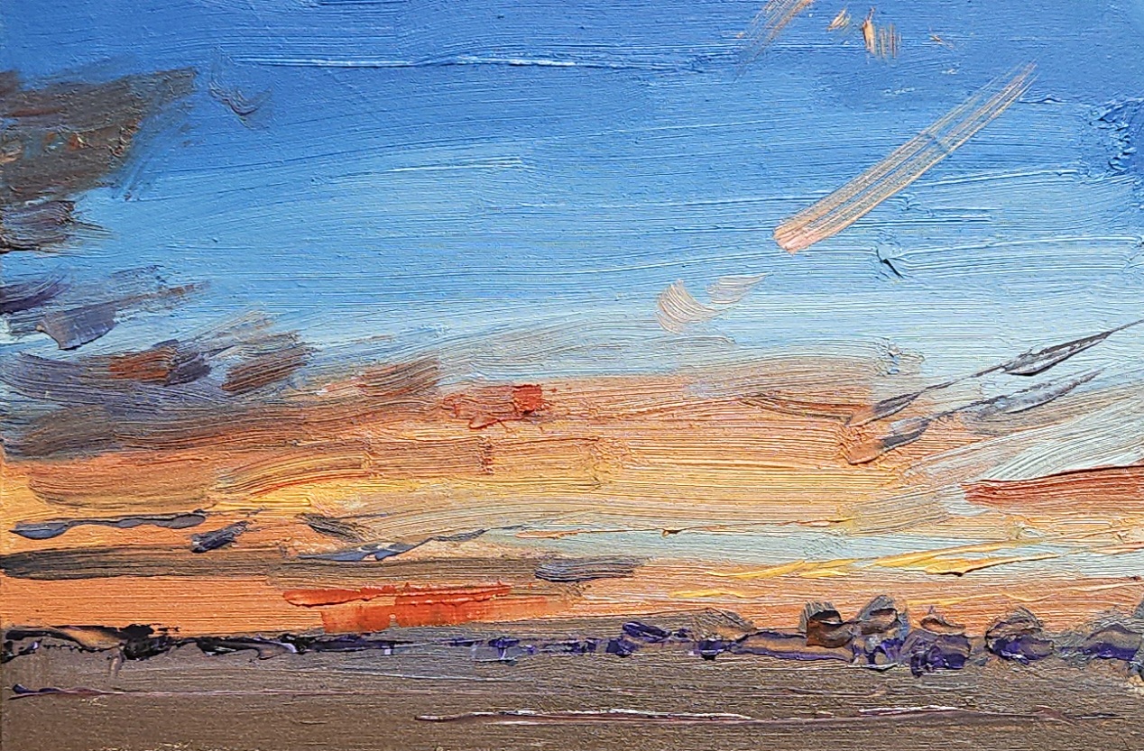 Evening Sky — small oil study of a warm orange sunset sky over a dark horizon