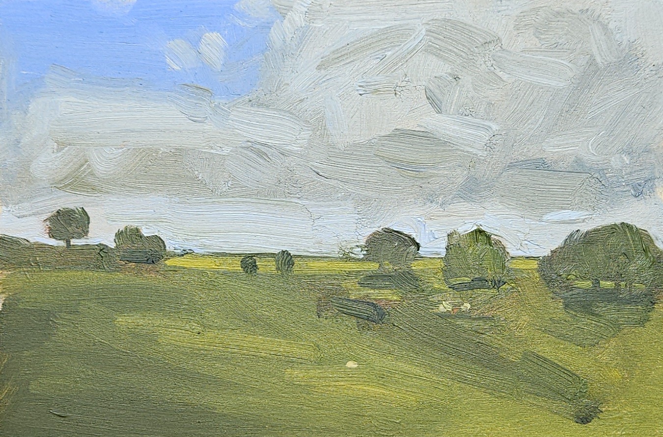 Field with Trees — small oil study of scattered trees across a green field under a cloudy sky