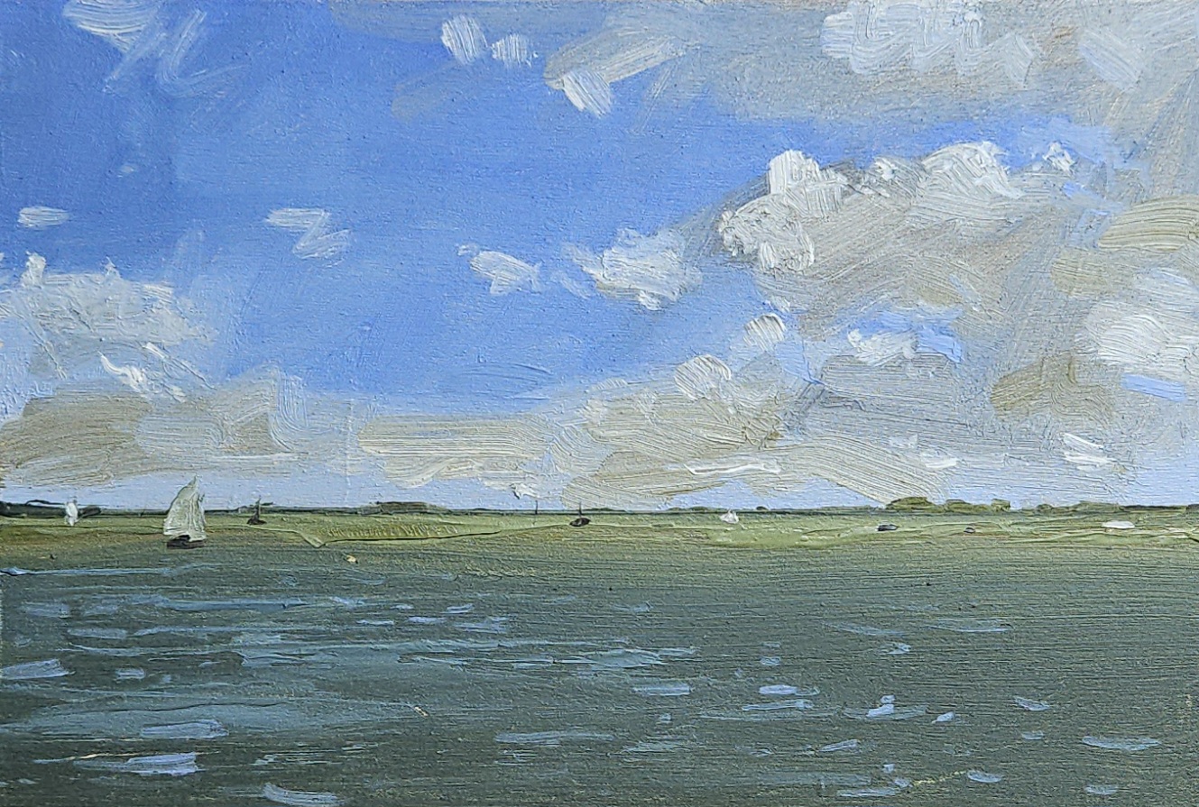 Sailing Boats on the Water — small oil study of small sailing boats on an estuary under a partly cloudy sky