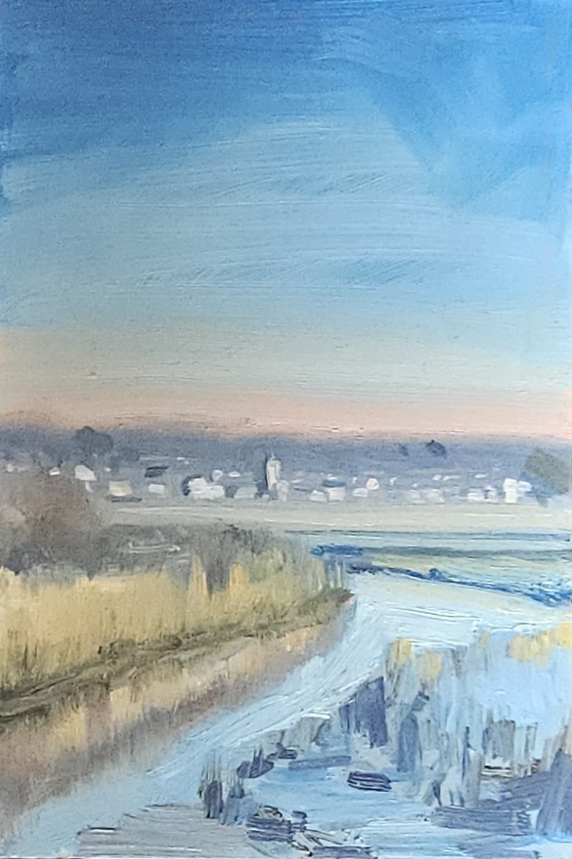 Twilight over the Town — small oil study of a distant town at dusk seen across a river