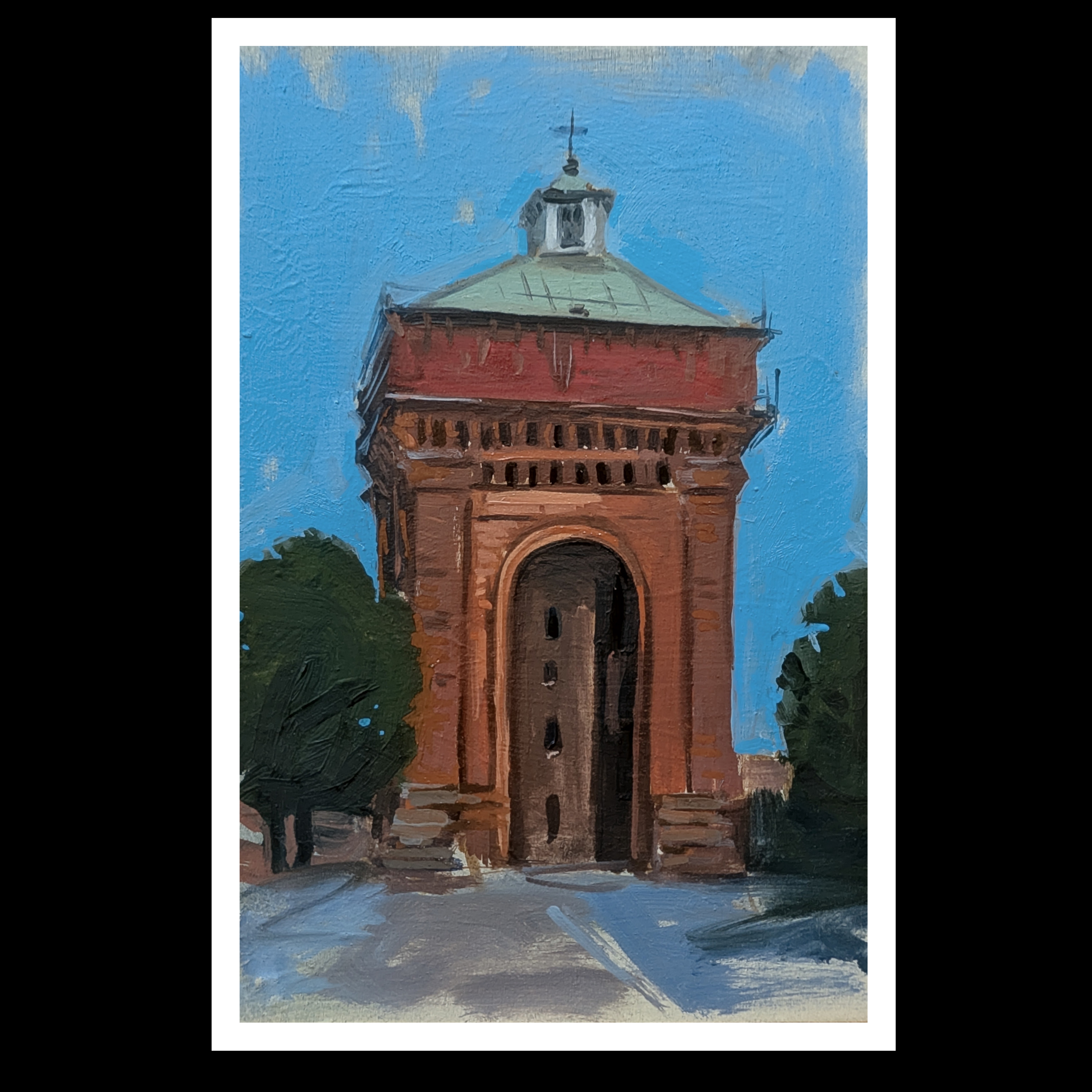 Water Tower — small oil study of a red brick water tower landmark with a green domed roof