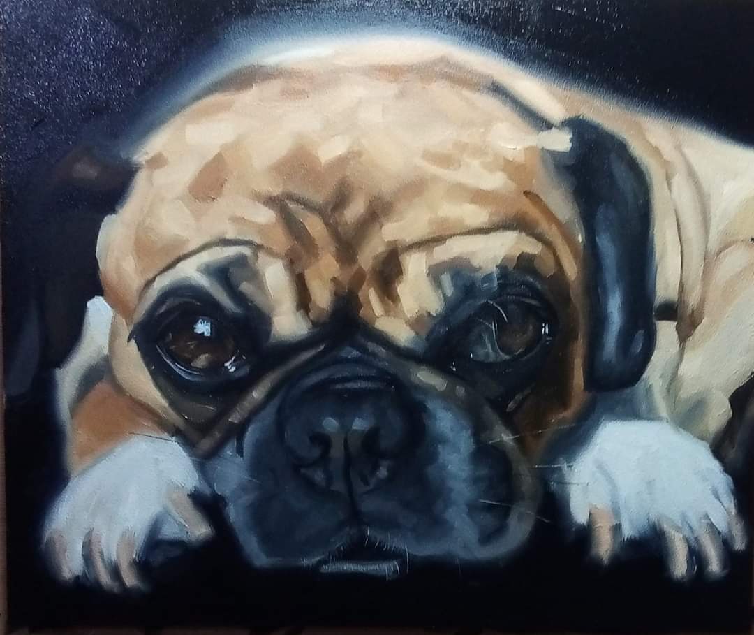 Frankie the pug — oil on panel, close-up resting her chin on her paws with expressive eyes