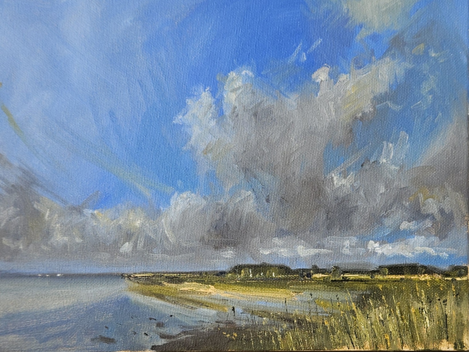 Summer Rain — oil on canvas, storm cloud building over an estuary shoreline with bright sunlit sky