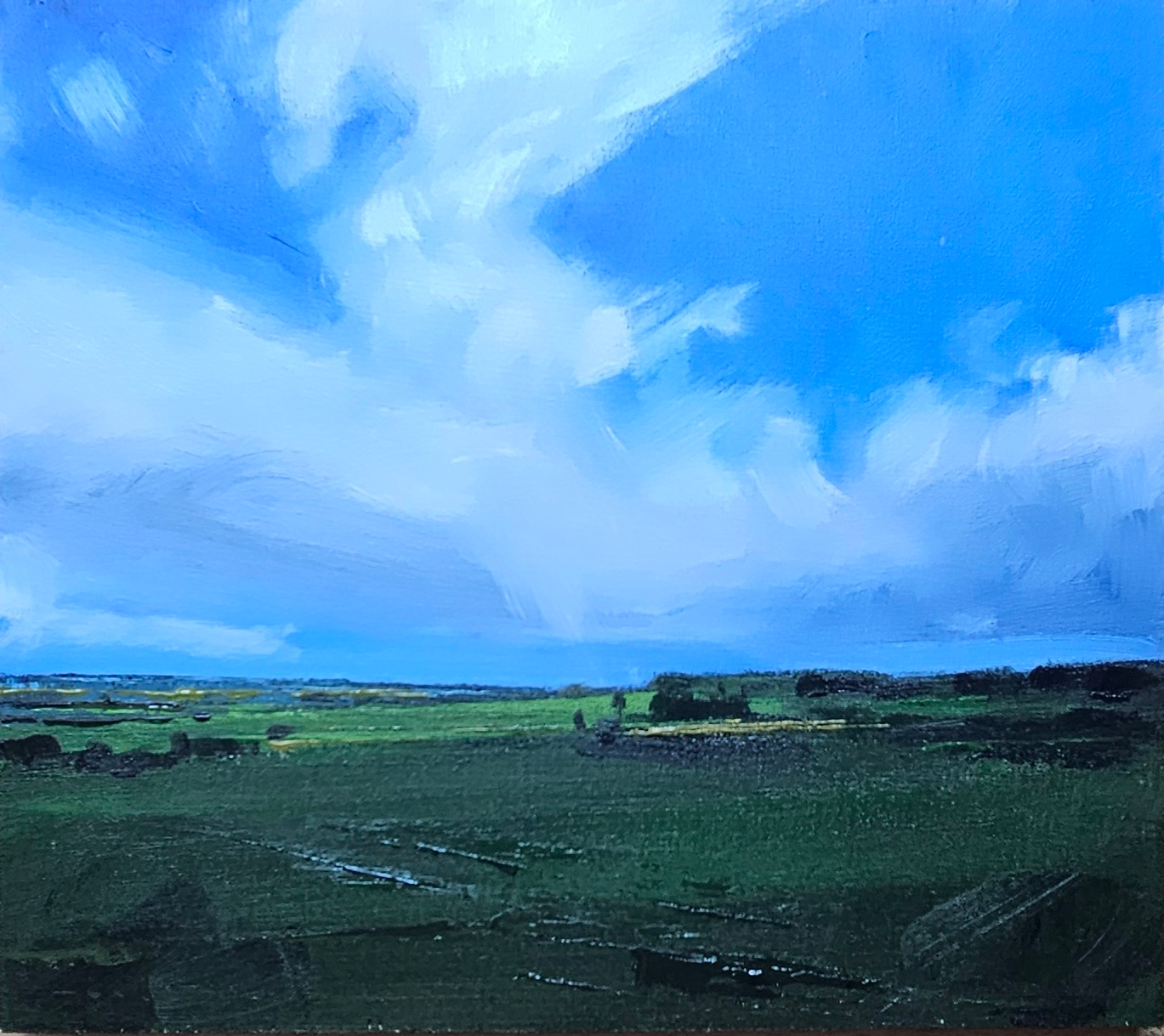 Rain is Coming — acrylic on panel, wide sweeping cloud formation over flat green farmland