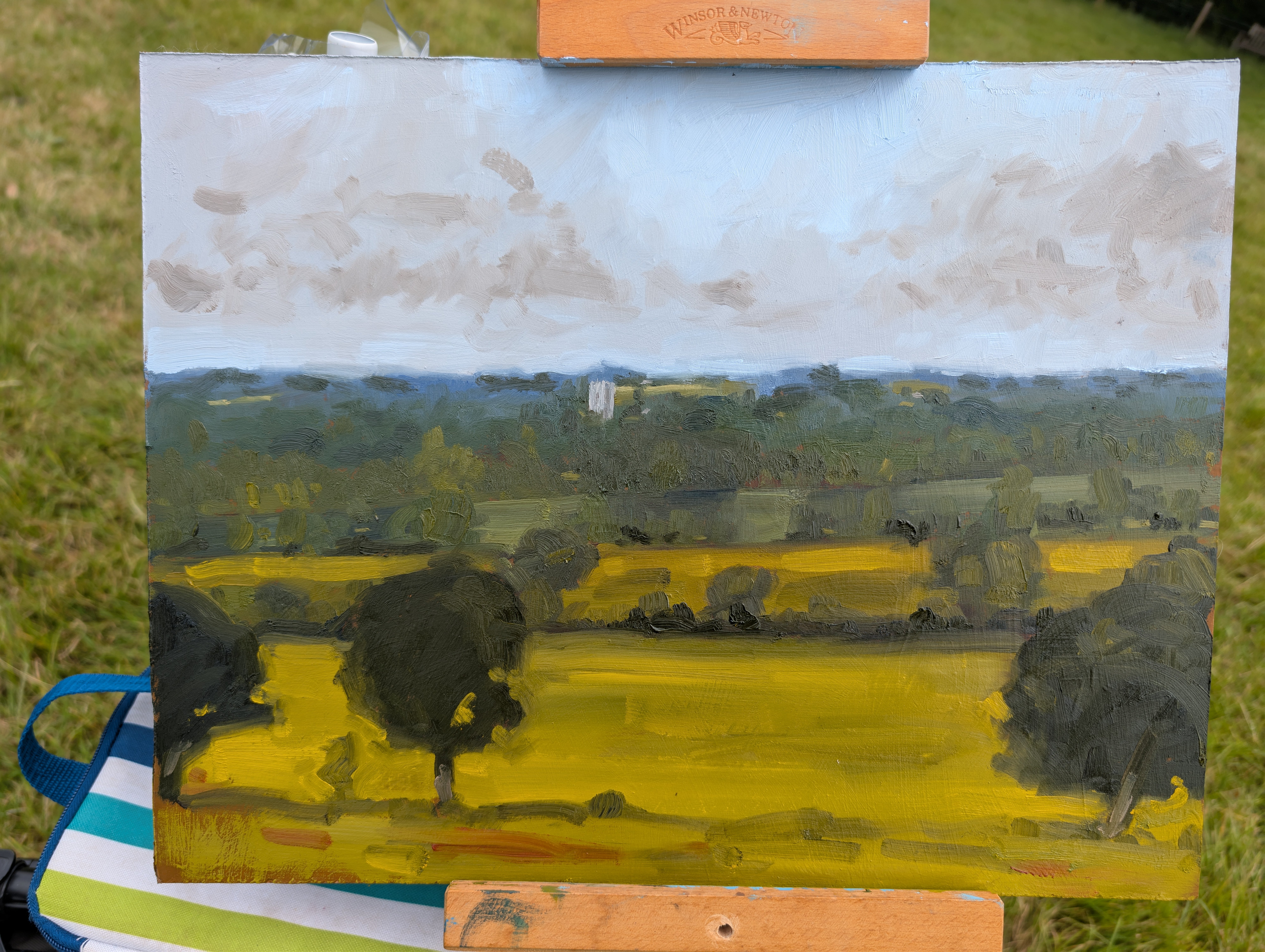Rolling fields painting — oil on panel, wide view over Dedham Vale farmland with scattered trees under a cloudy sky