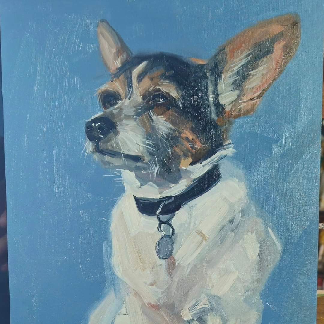 Roxie — oil on panel, portrait of a tan and white terrier with one ear up, wearing a collar with a tag