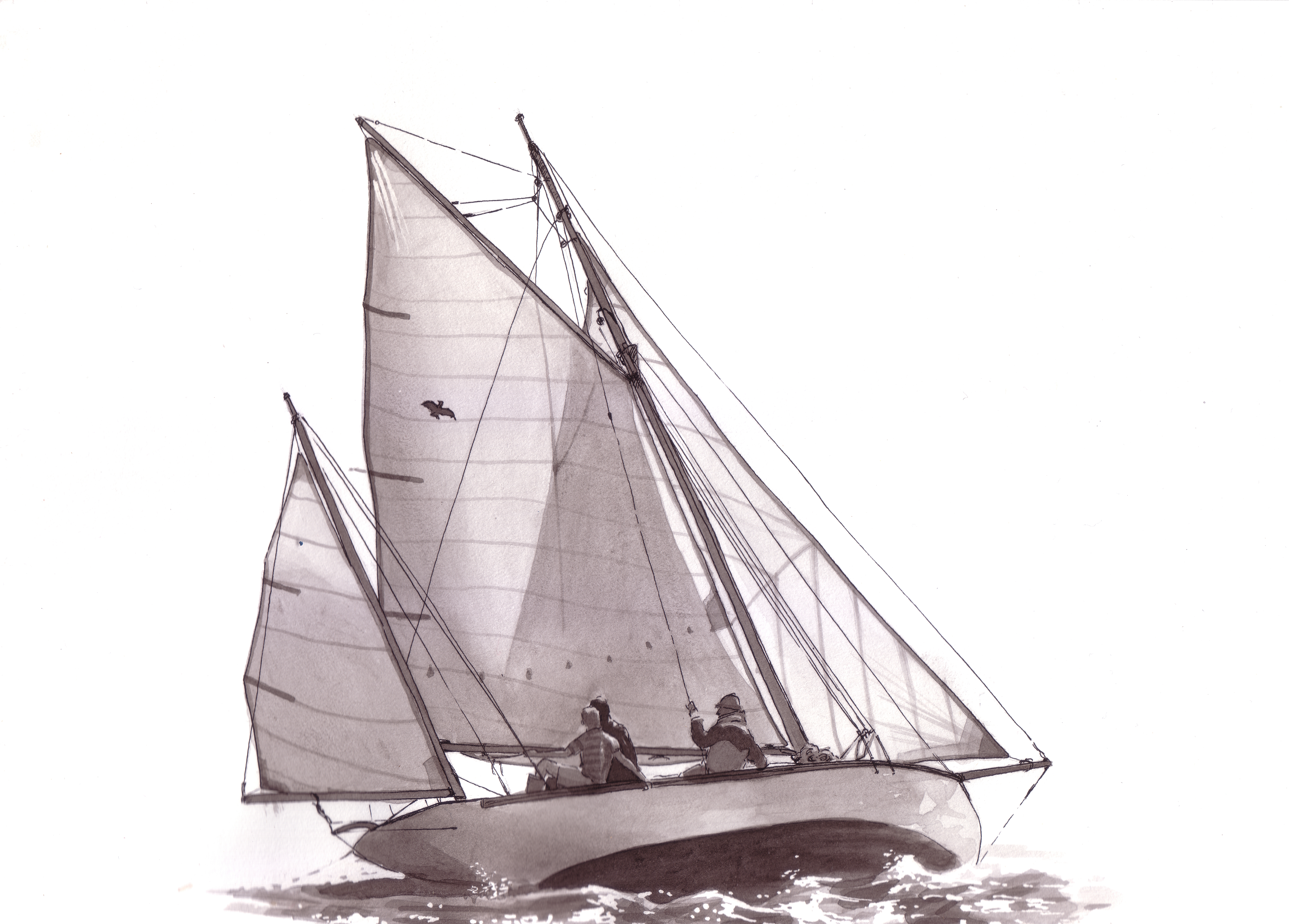 Sailing boat drawing — pen and ink wash, crew sailing a gaff-rigged boat
