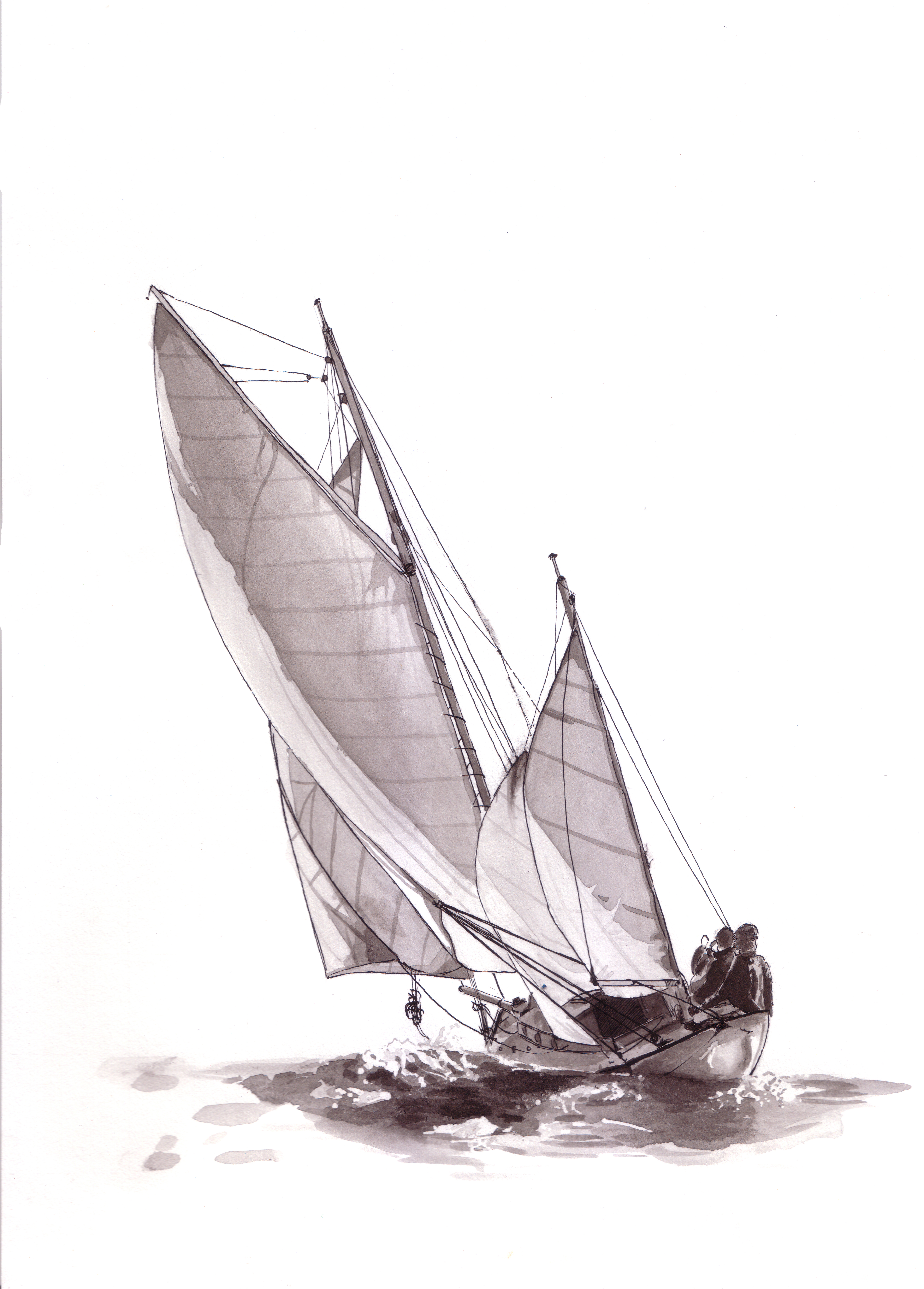 Sailing boat drawing — pen and ink wash, boat heeling steeply with crew at the bow