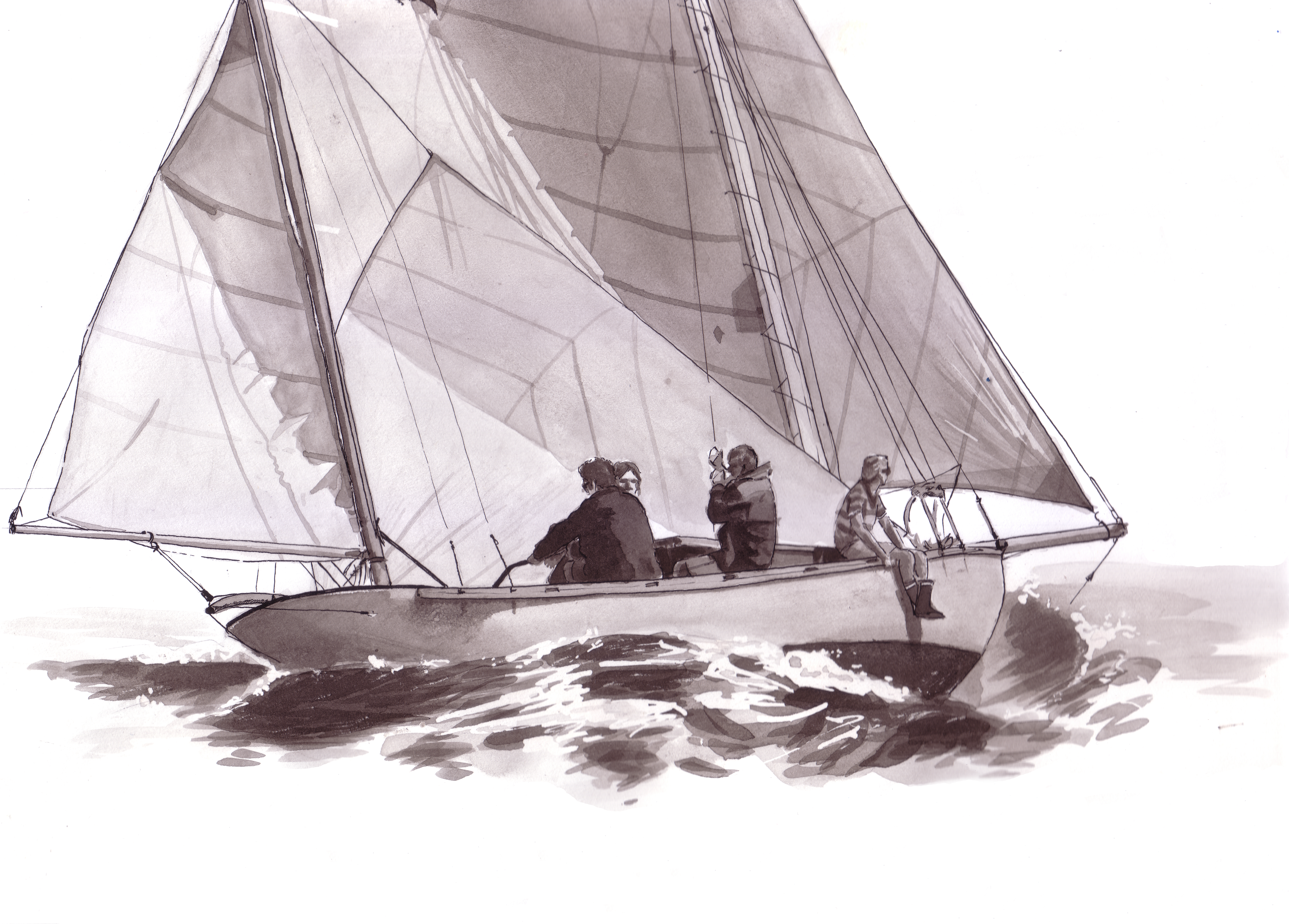 Sailing boat drawing — pen and ink wash, crew seated aboard a boat cutting through waves
