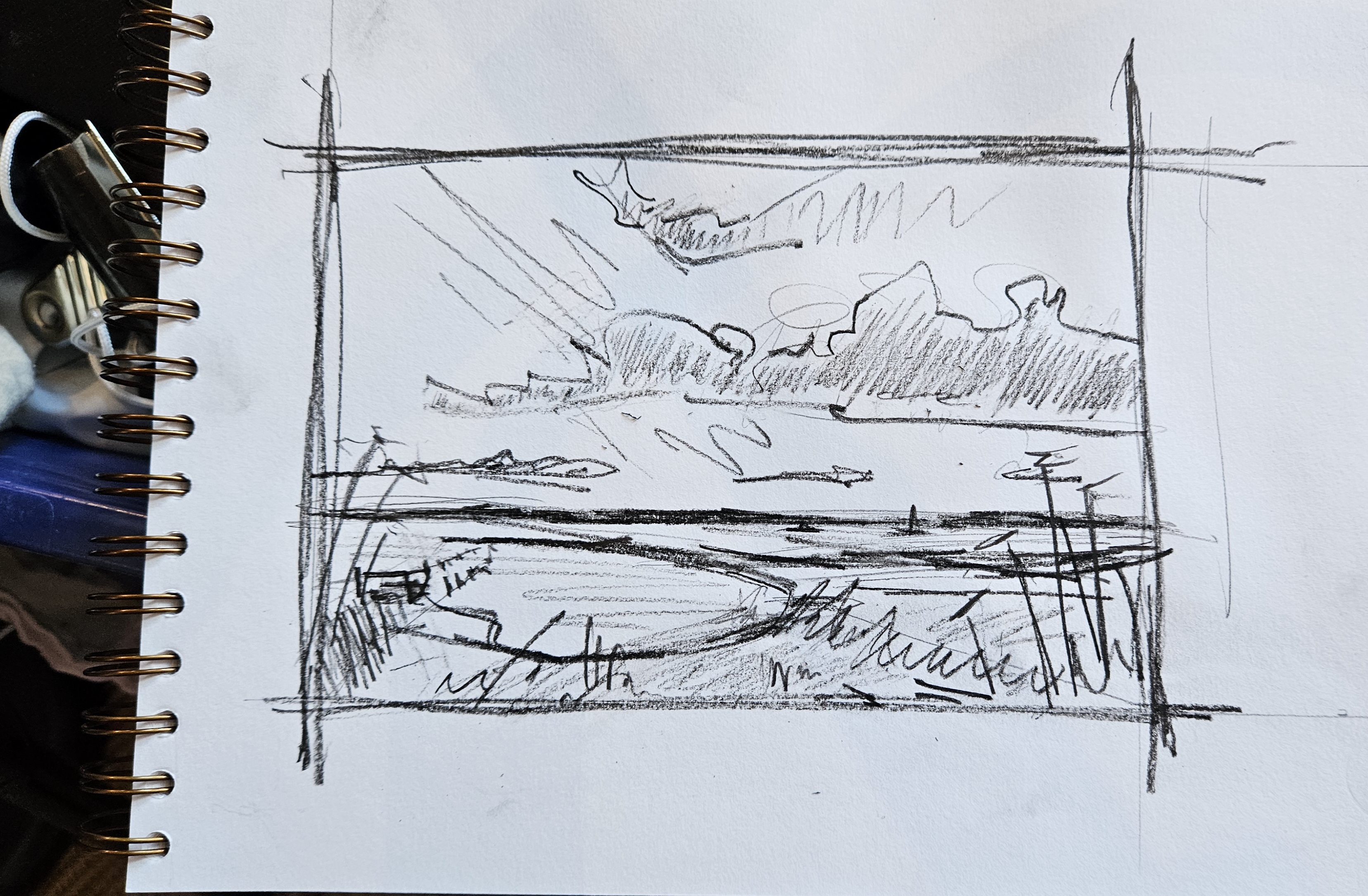 Sketchbook study — pencil composition sketch looking out towards the Dengie from the old Crab and Winkle Line, Tollesbury