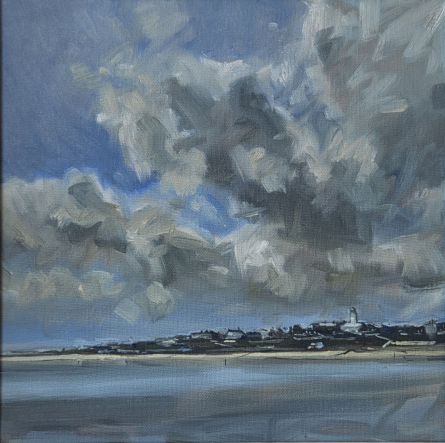 Southwold from the Pier — oil on canvas, town and lighthouse silhouette under heavy clouds over the sea