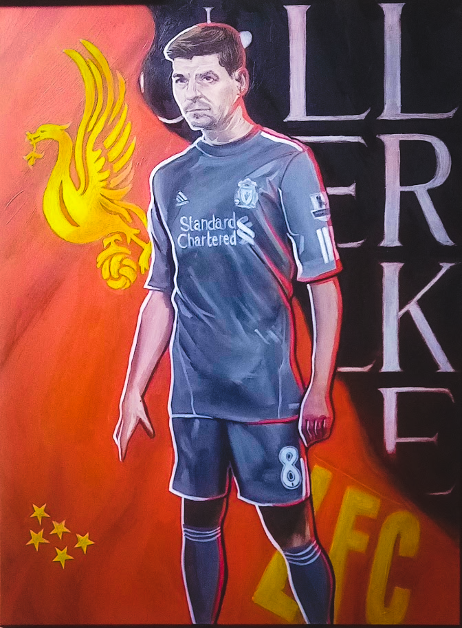 Steven Gerrard — oil on panel, portrait in Liverpool FC kit with the club's Liver Bird emblem and lettering behind him